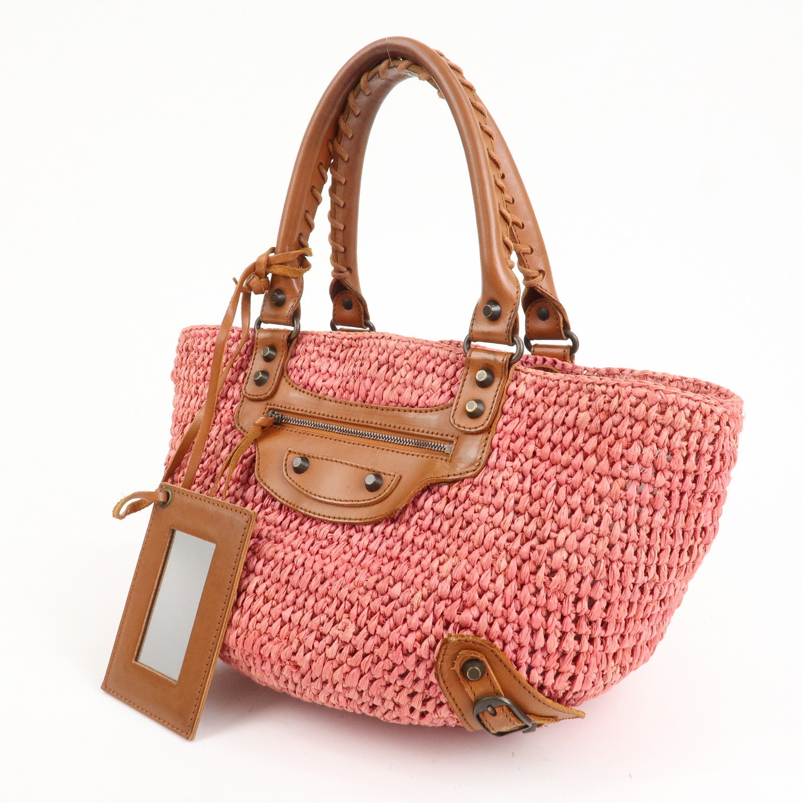 BALENCIAGA Straw Tote Bag Shoulder Bag Brown Pink 236741 Used