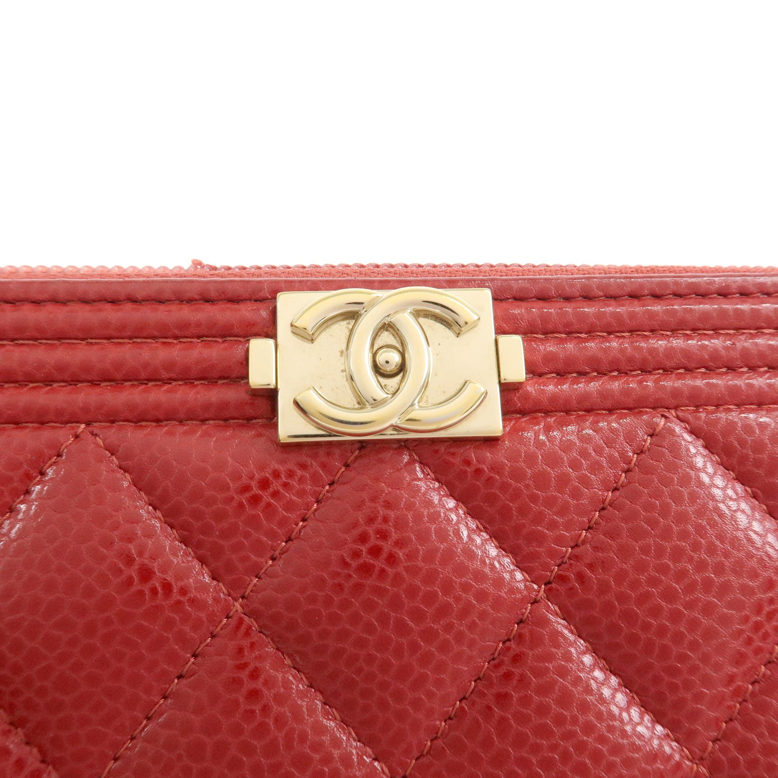 CHANEL BOY CHANEL Caviarskin Round Zippy Wallet Red Gold A68912