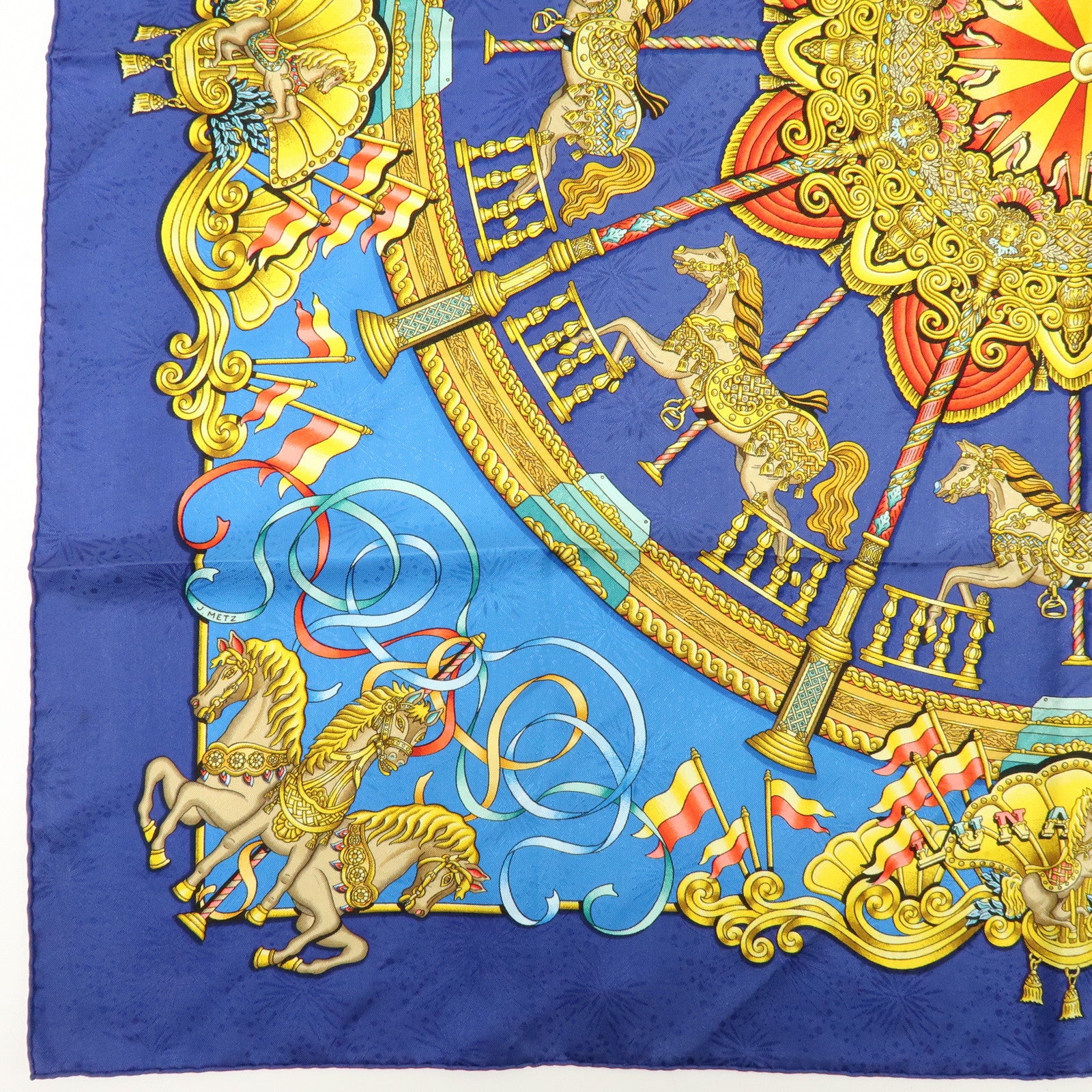 HERMES Carre 90 Silk 100% LUNA PARK Scarf Blue Gold