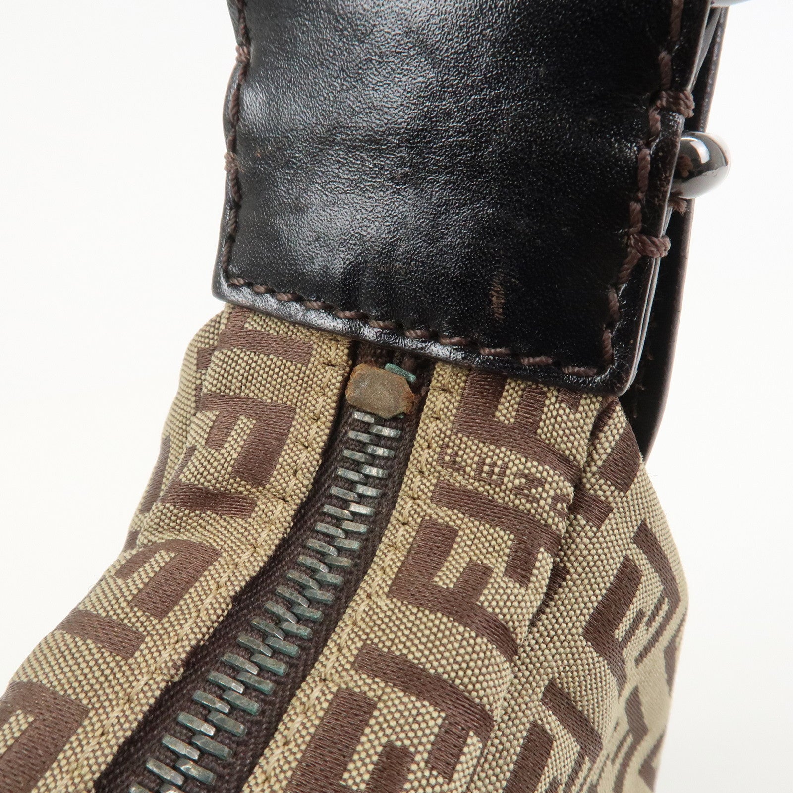 FENDI Zucchino Canvas Leather Shoulder Bag Hand Bag Brown