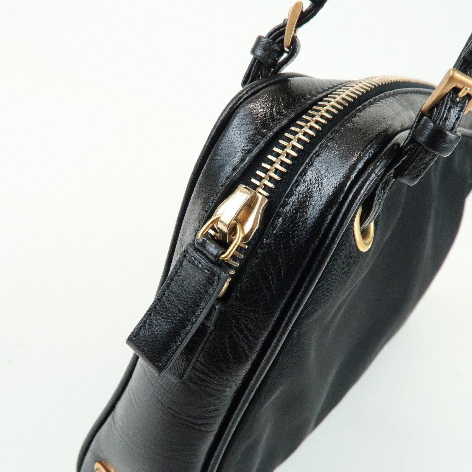 PRADA Triangle Logo Nylon Leather Shoulder Bag Black BN0218