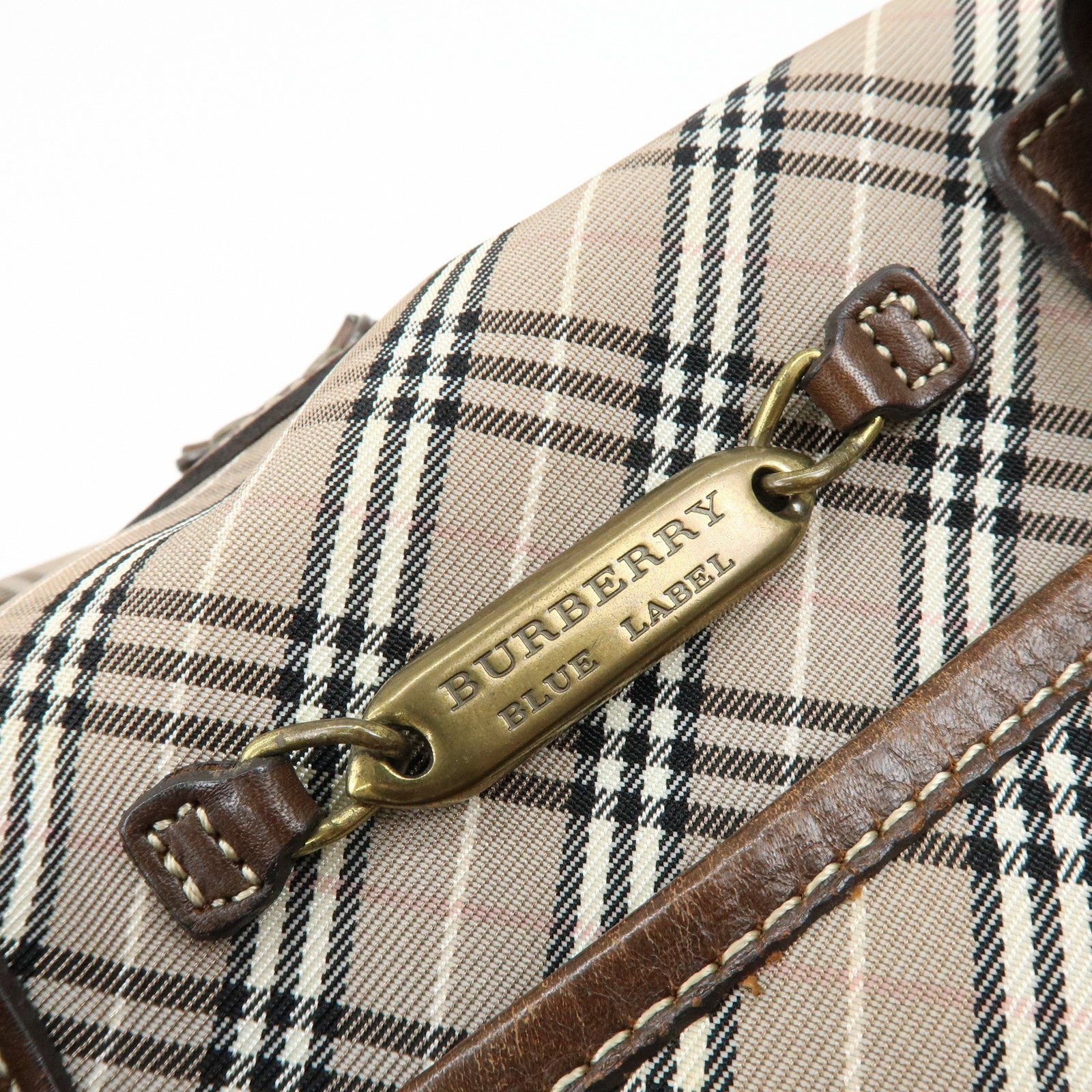 BURBERRY Blue Label Canvas Leather Plaid Hand Bag Boston Bag Brown