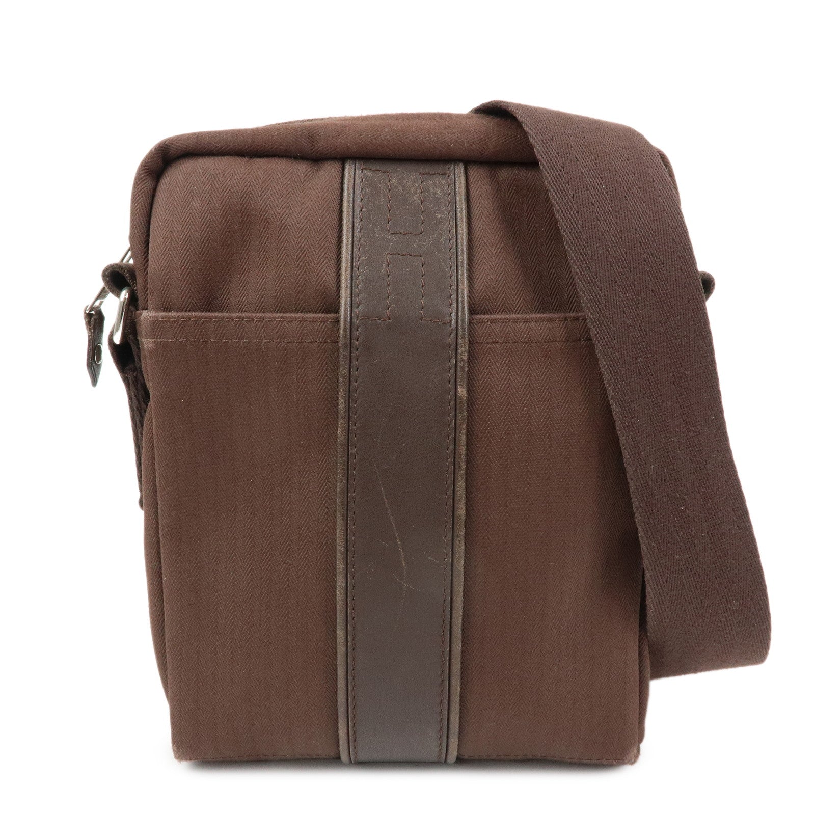 HERMES Toile Chevron Pochette Bandouliere PM Shoulder Bag Brown