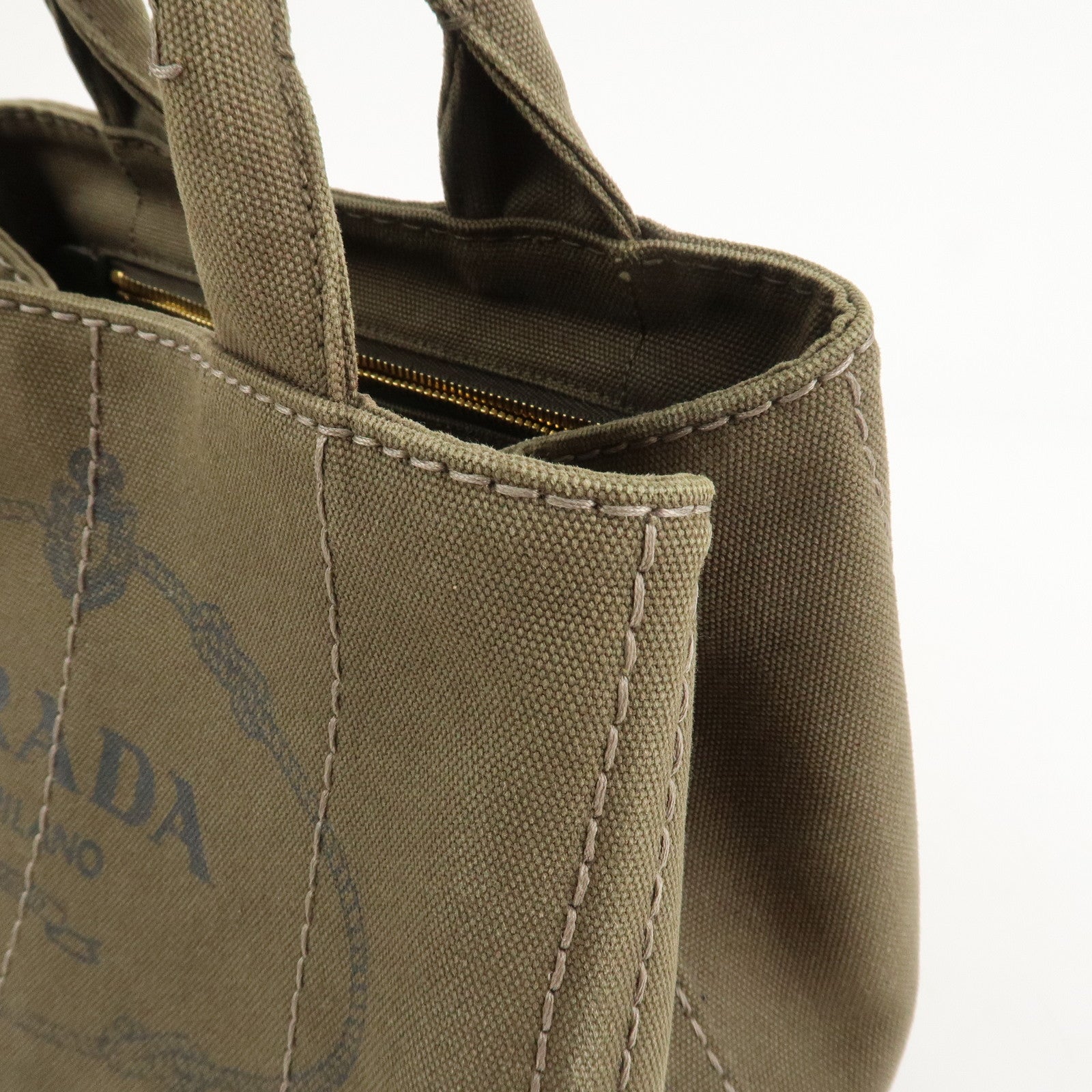 PRADA Logo Canapa Mini Canvas Tote Bag Hand Bag Khaki BN2439