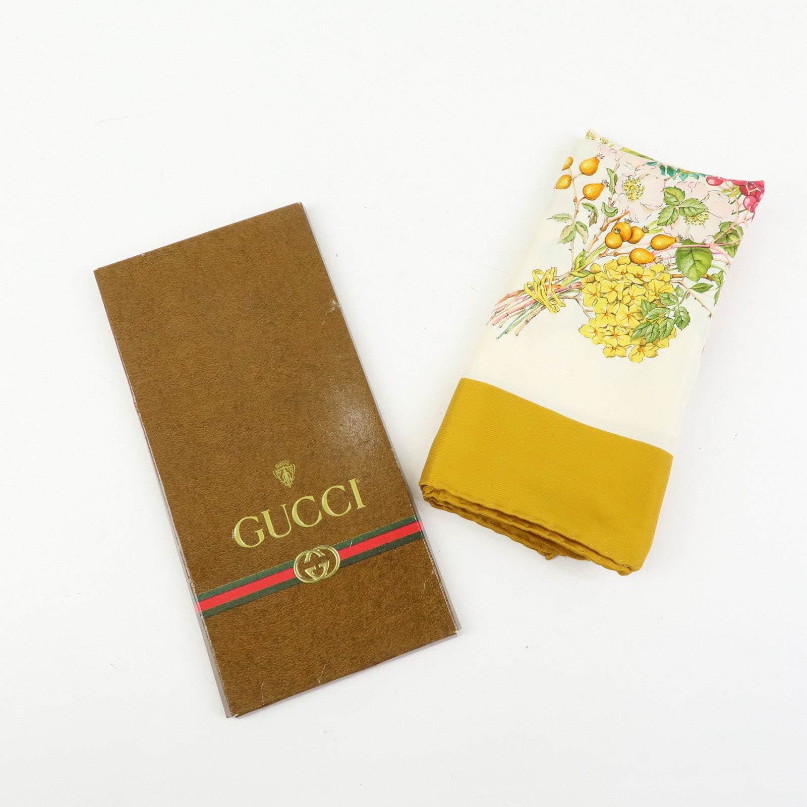 GUCCI Silk 100% Scarf Botanical Garden Mastard Yellow White