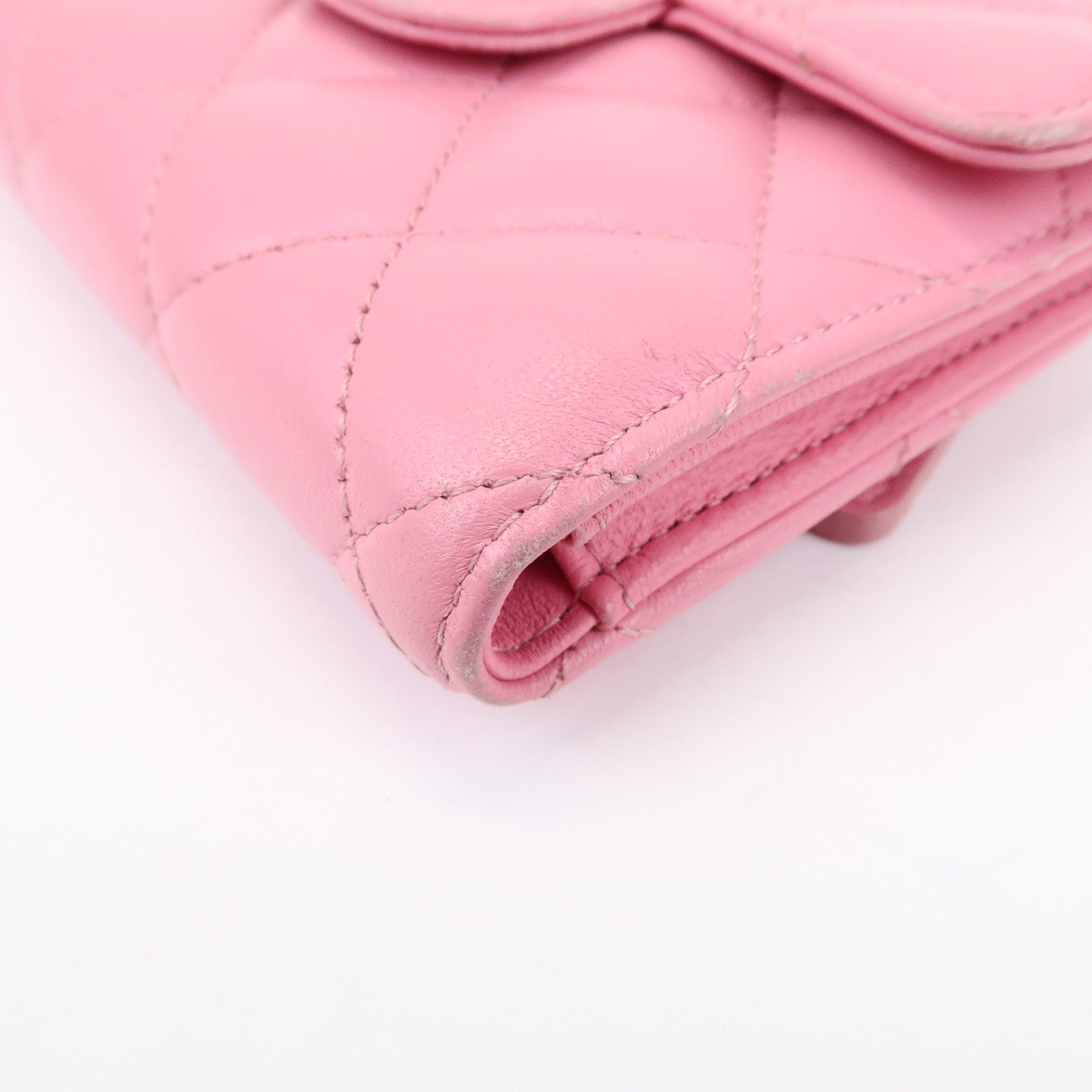 CHANEL Matelasse Lamb Skin Small Tri-Fold Wallet Pink AP0231