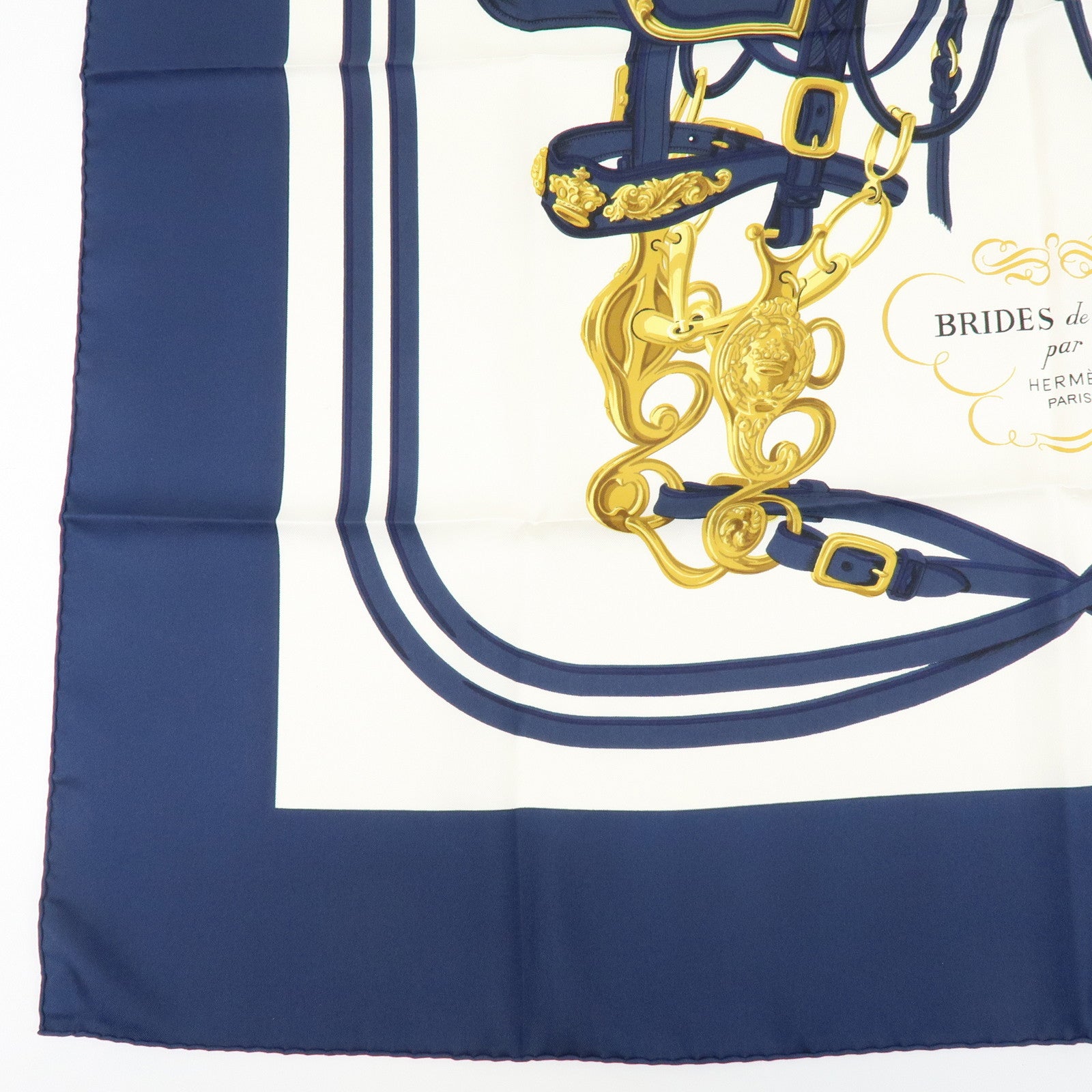 HERMES Carre 90 Silk 100% Scarf BRIDES DE GALA Navy Gold
