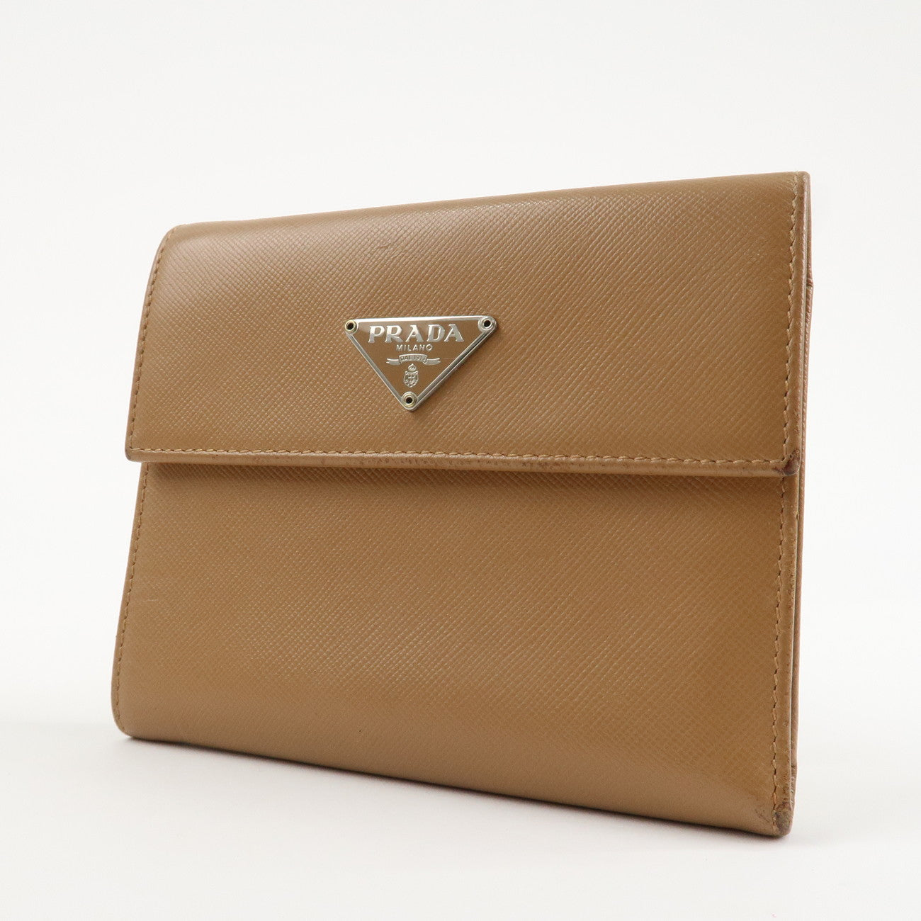 PRADA Triangle Logo Saffiano Leather Trifold Wallet Brown Used