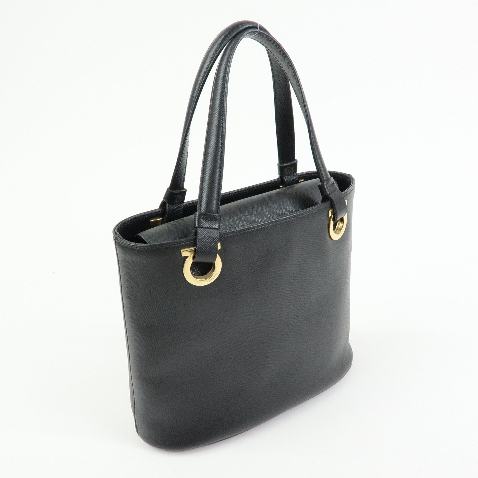 Ferragamo Gancini Leather Tote Bag Hand Bag Bucket Bag Black