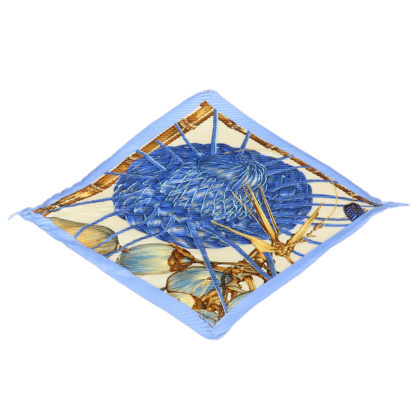 HERMES Pleated Carre 90 Silk 100% Scarf Jardin Creole Light Blue