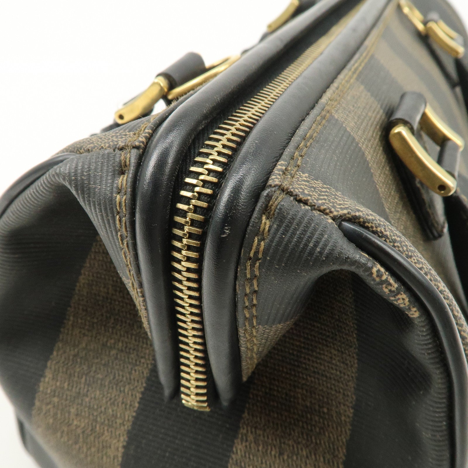 FENDI Pequin PVC Canvas Hand Bag Boston Bag Black Brown Used