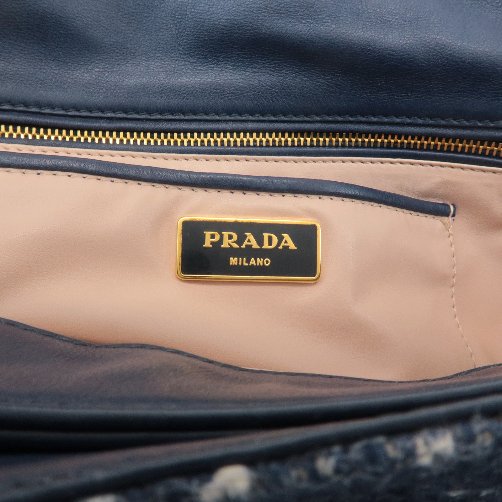 PRADA Tweed Leather Plastic Chain Shoulder Bag Navy White BR4874 Used