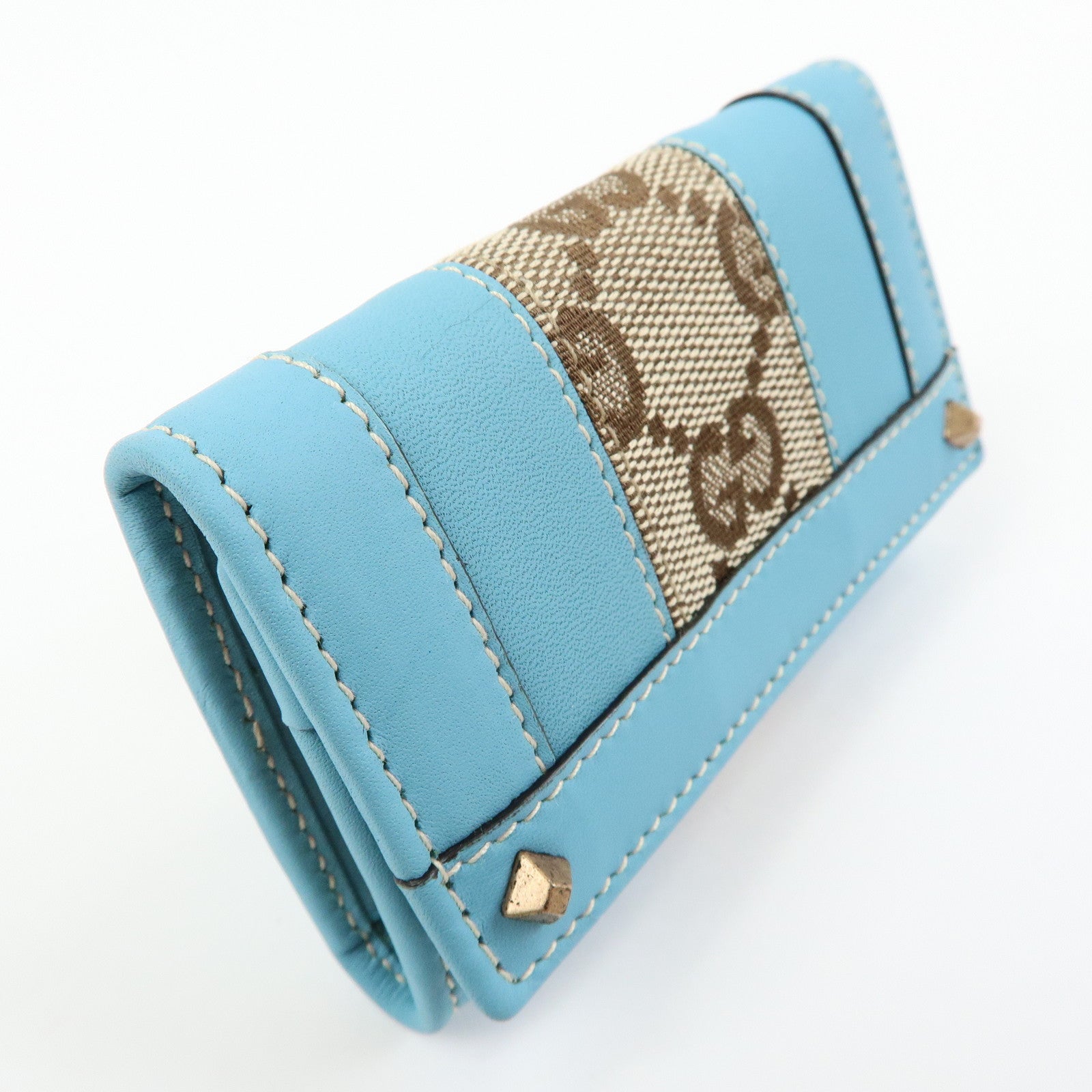 GUCCI GG Canvas Leather 6 Ring Key Case Light Blue Beige 120930