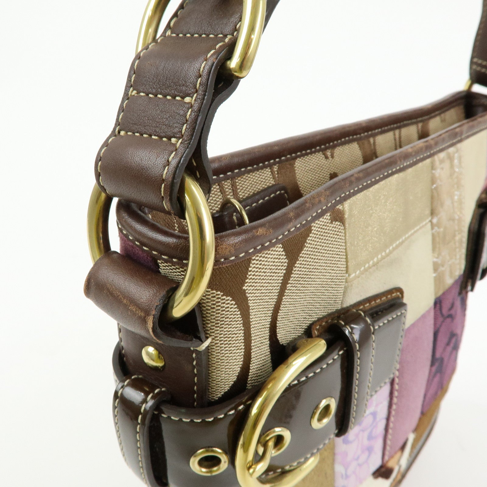 COACH Signature Suede Patent Leather Shoulder Bag Brown Patchwork