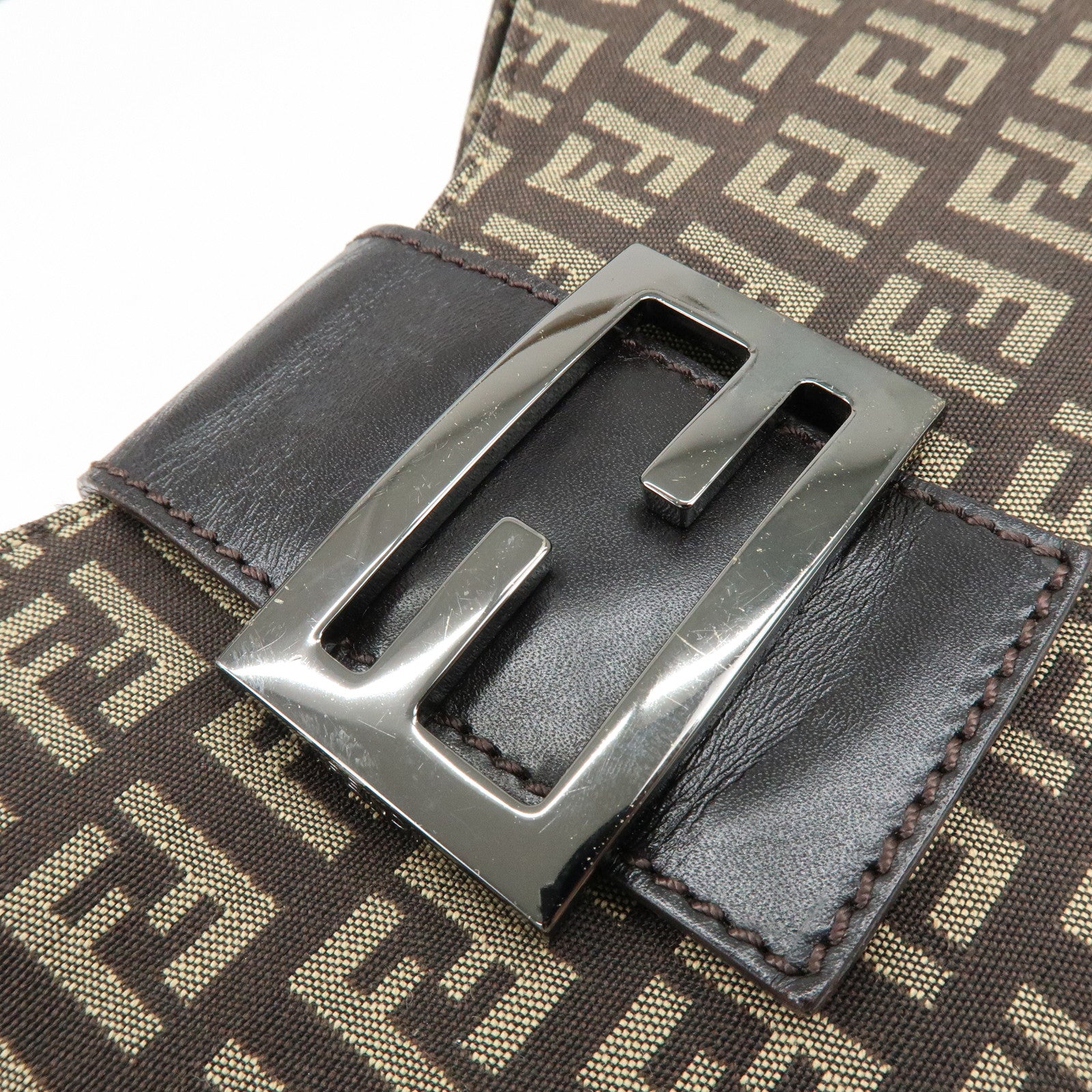 FENDI Zucchino Canvas Leather Shoulder Bag Brown 8BR036