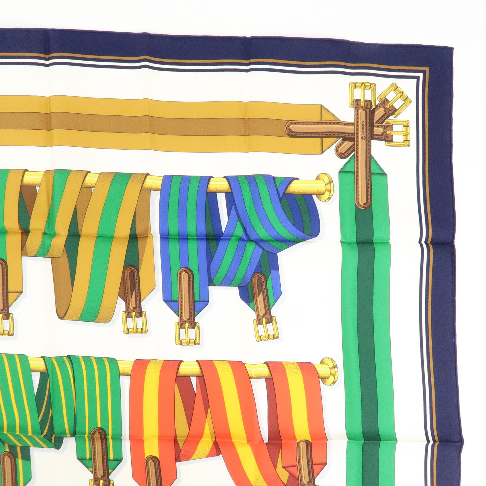 HERMES Carre 90 Silk 100% Scarf J.METZ Les Sangles White Navy