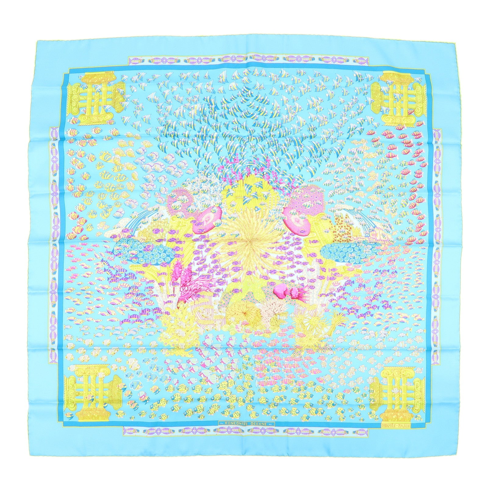 HERMES Carre 90 Silk 100% Scarf RENCONTRE OCEANE Light Blue Yellow