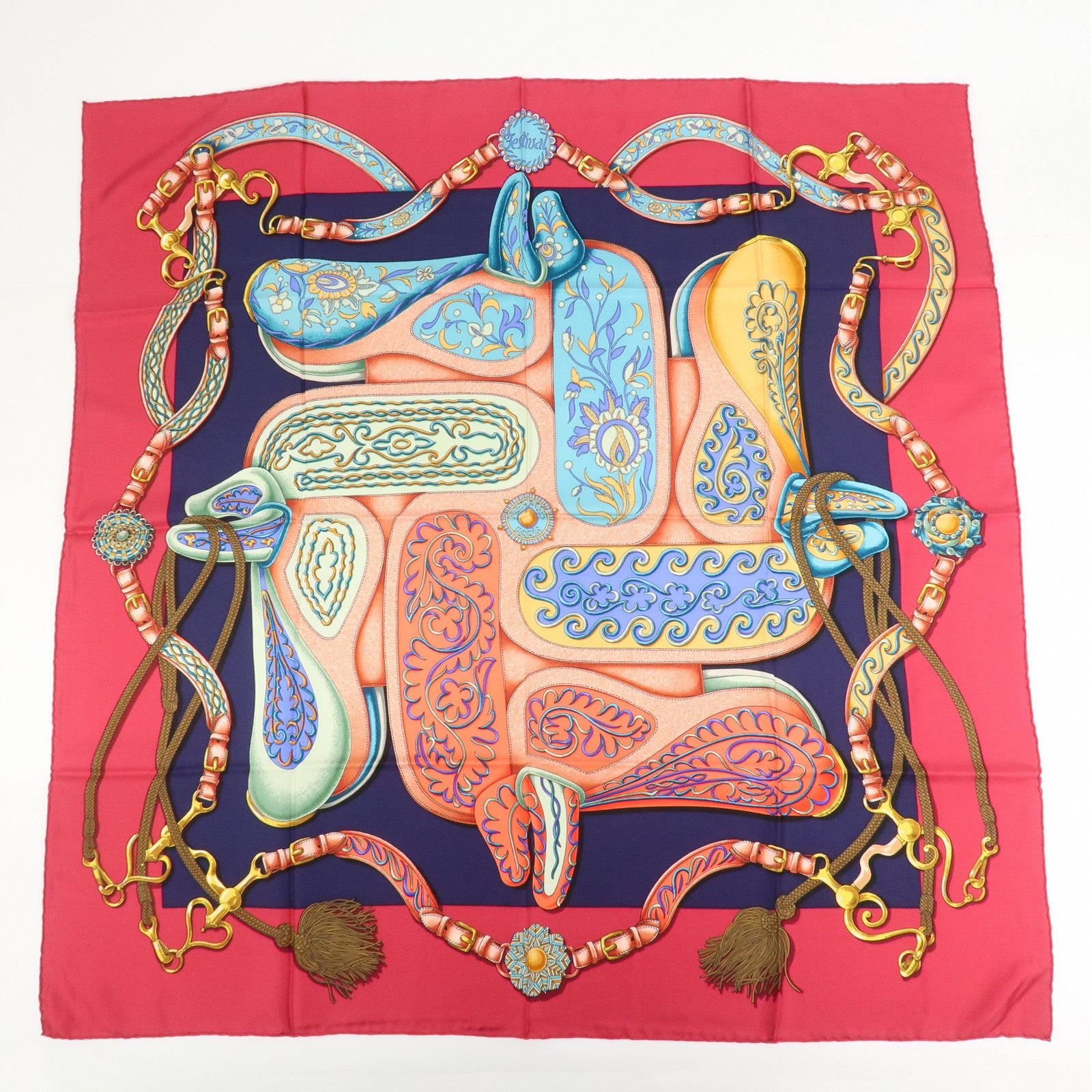 HERMES Carre 90 Silk 100% Scarf Festival Pink Multicolor