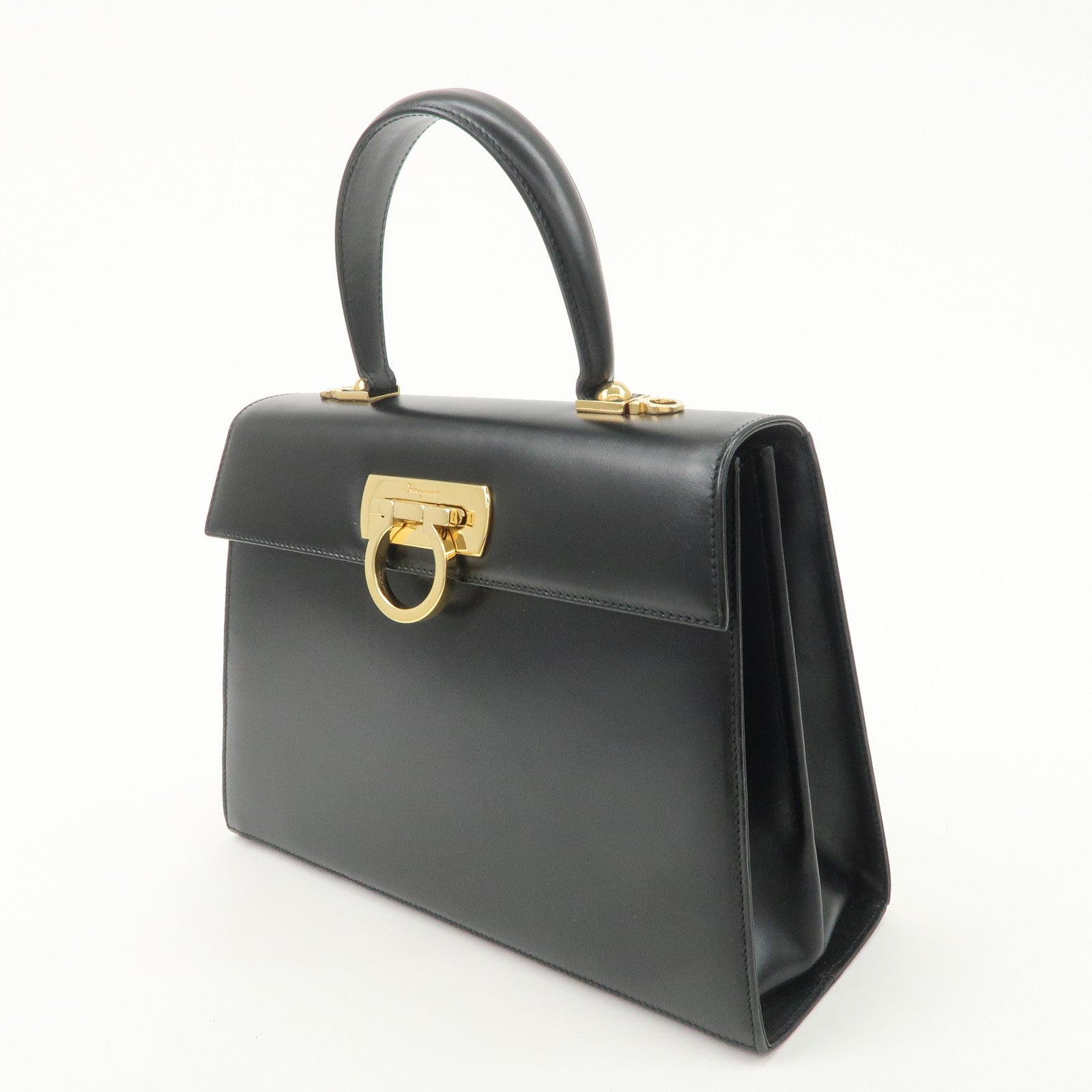 Ferragamo Gancini Leather 2Way Bag Hand Bag Shoulder Bag Black