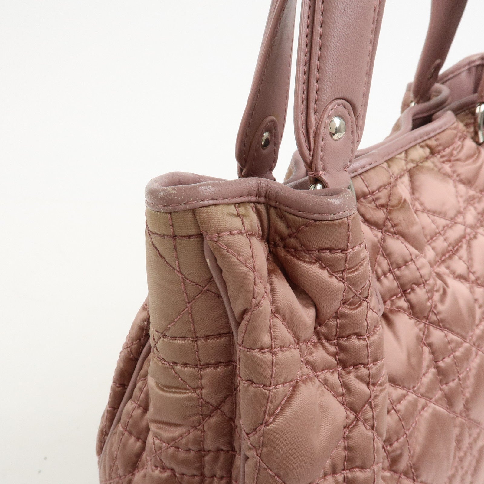 Christian Dior Cannage Nylon Leather Hand Bag Tote Bag Pink