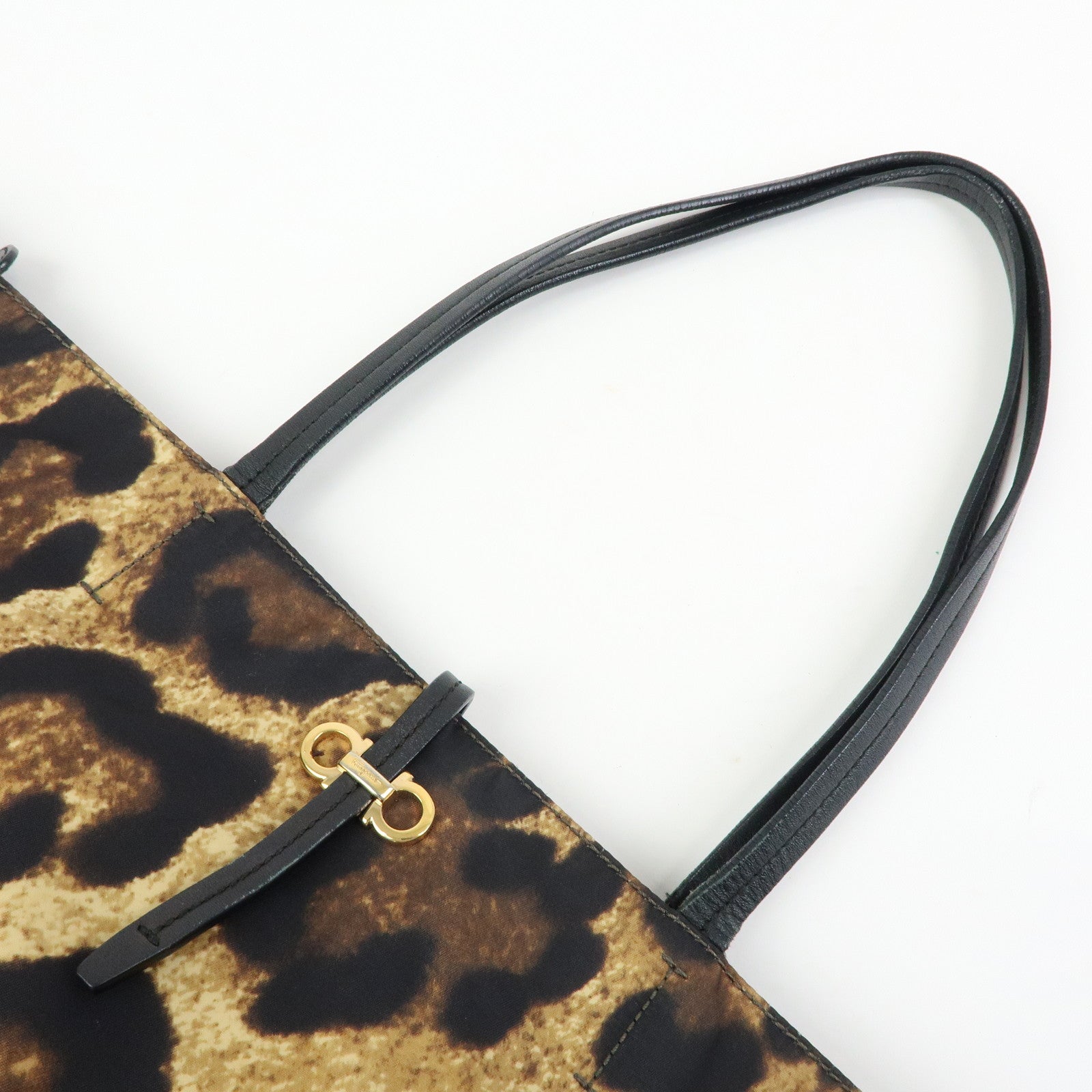Ferragamo Gancini Nylon Leather Leopard Tote Bag Shoulder Bag Brown
