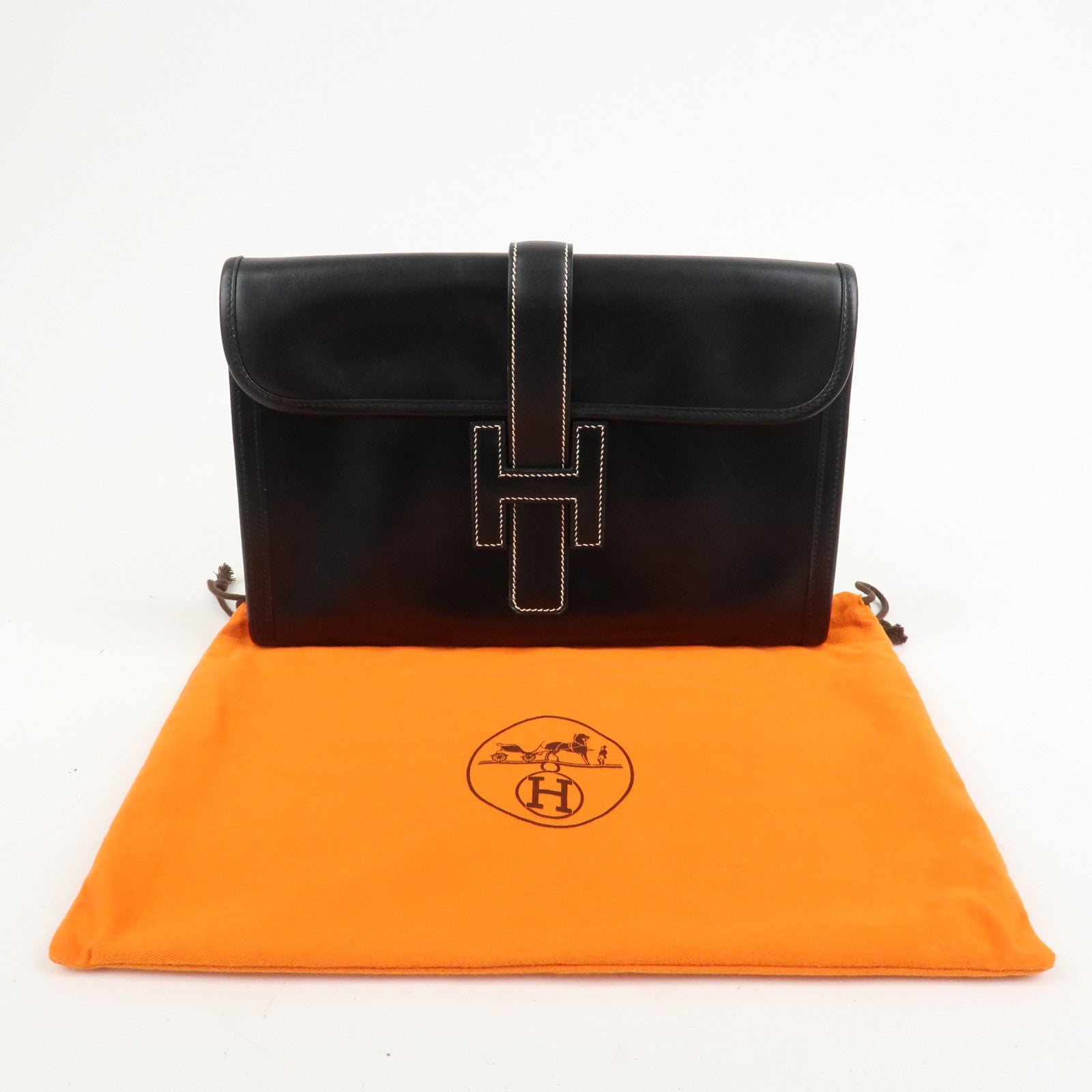 HERMES Box Calf Leather Jige PM Clutch Bag Black