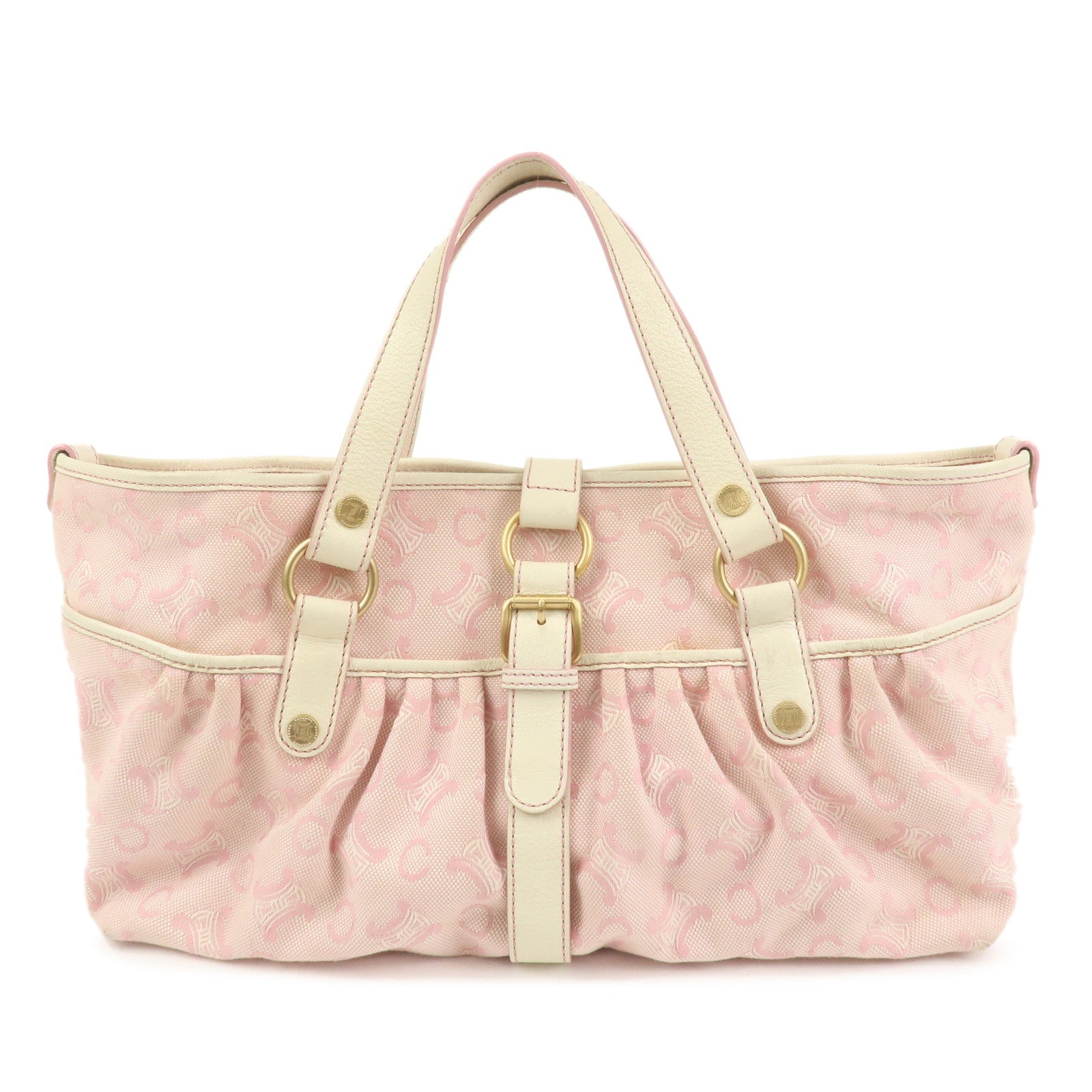 CELINE C Macadam Canvas Leather Tote Bag Shoulder Bag Pink Ivory
