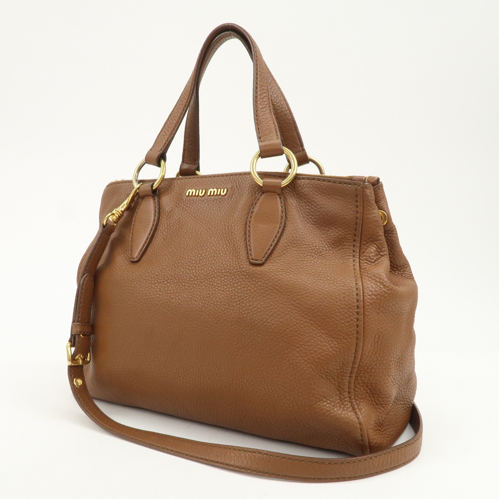 MIU MIU Logo Leather 2Way Bag Hand Bag Shoulder Bag Brown RN0761