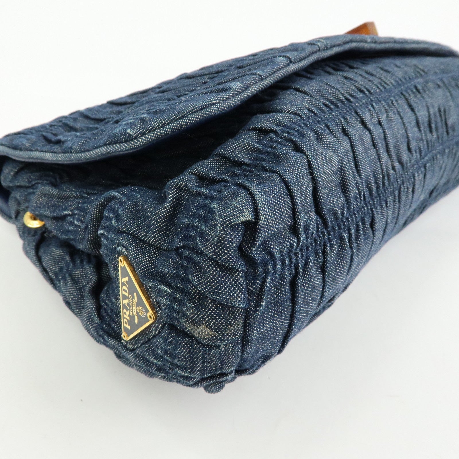 PRADA Triangle Logo Denim Clutch Bag Pouch Blue Brown