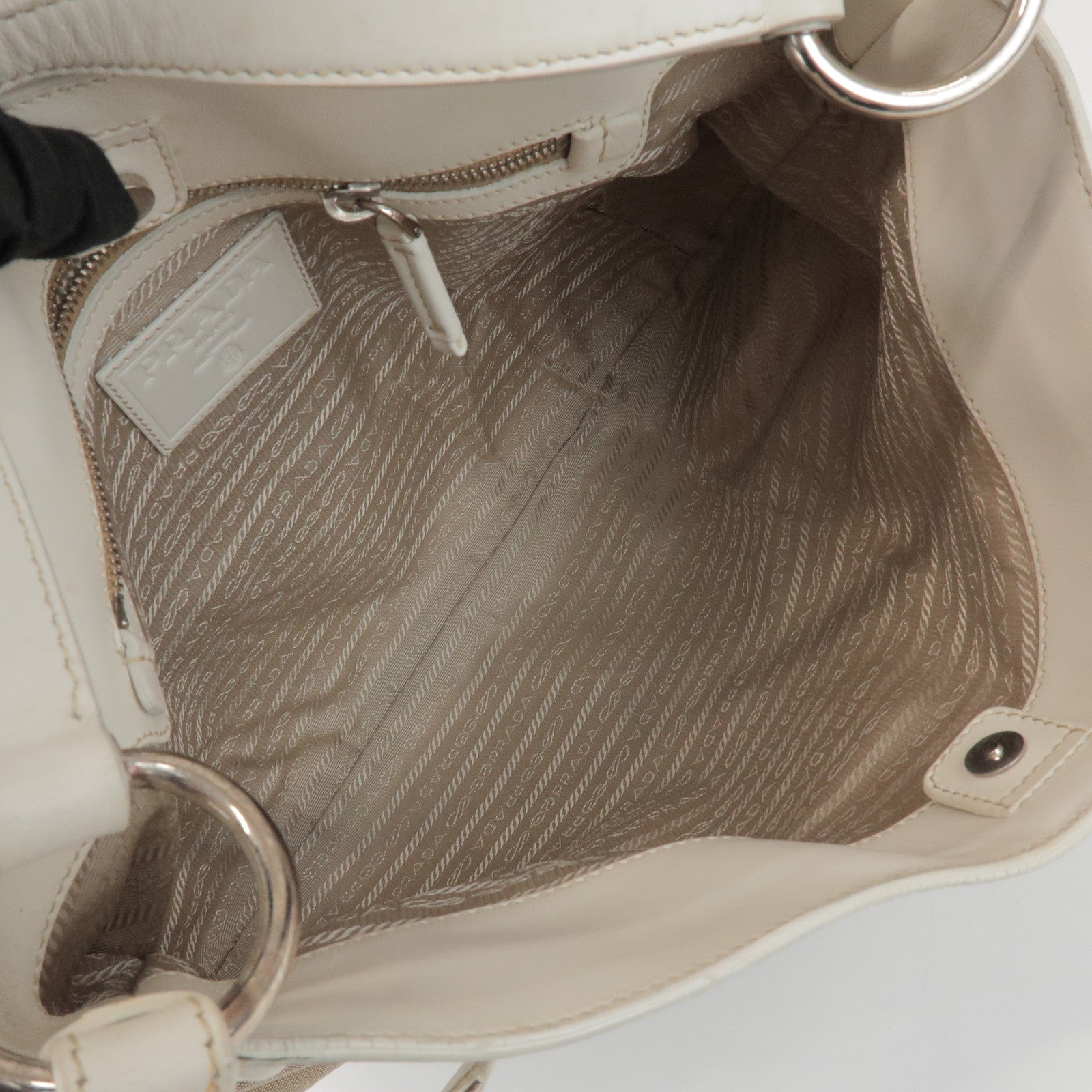 PRADA Jacquard Canvas Leather Shoulder Bag Hand Bag Beige Ivory