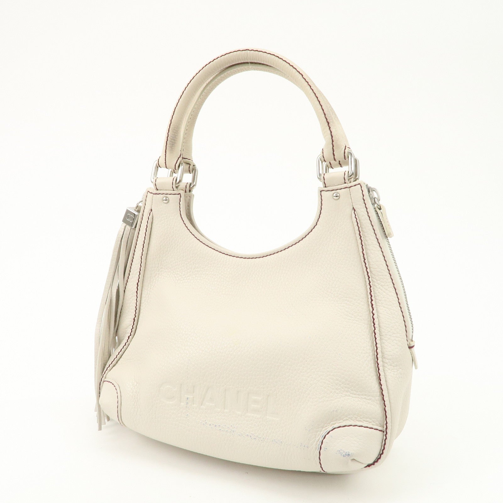 CHANEL Logo Calf Leather Fringe Tassel Shoulder Bag Hand Bag White A23055 Used