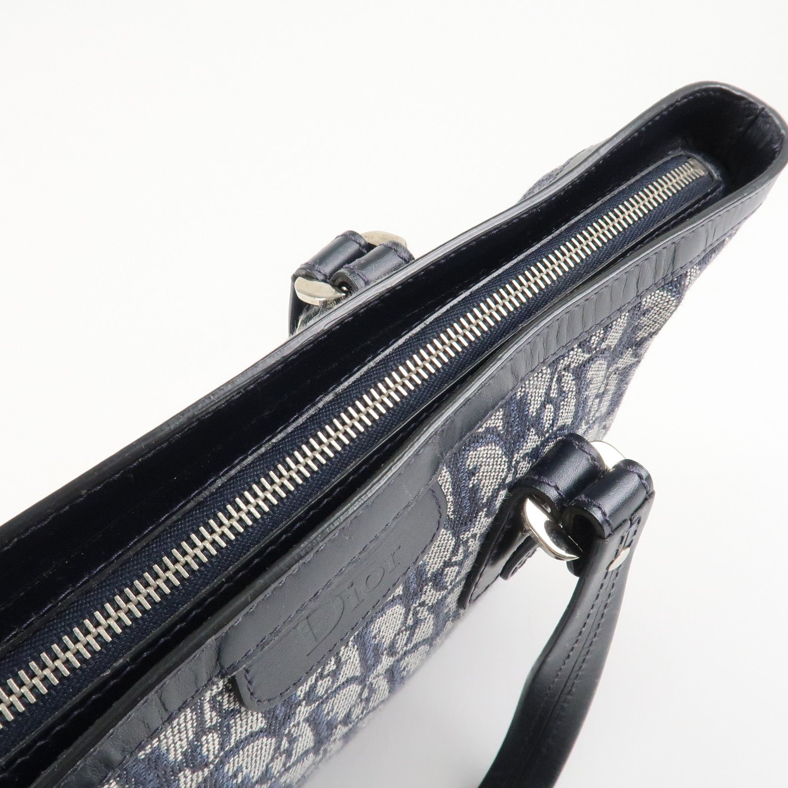 Christian Dior Trotter Leather Canvas Hand Bag Tote Bag Navy Used