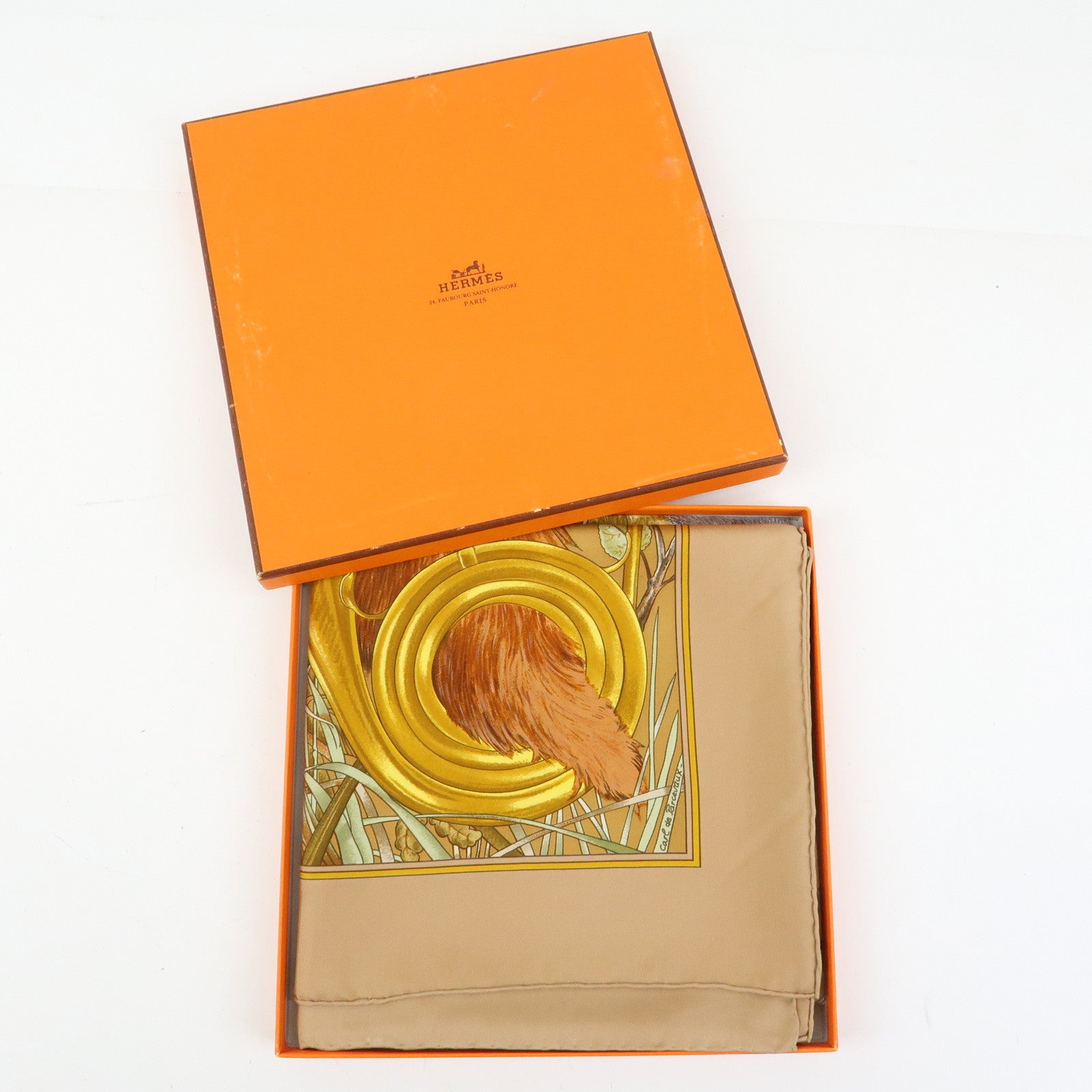 HERMES Carre 90 Silk 100% Scarf CHASSE au BOIS Brown