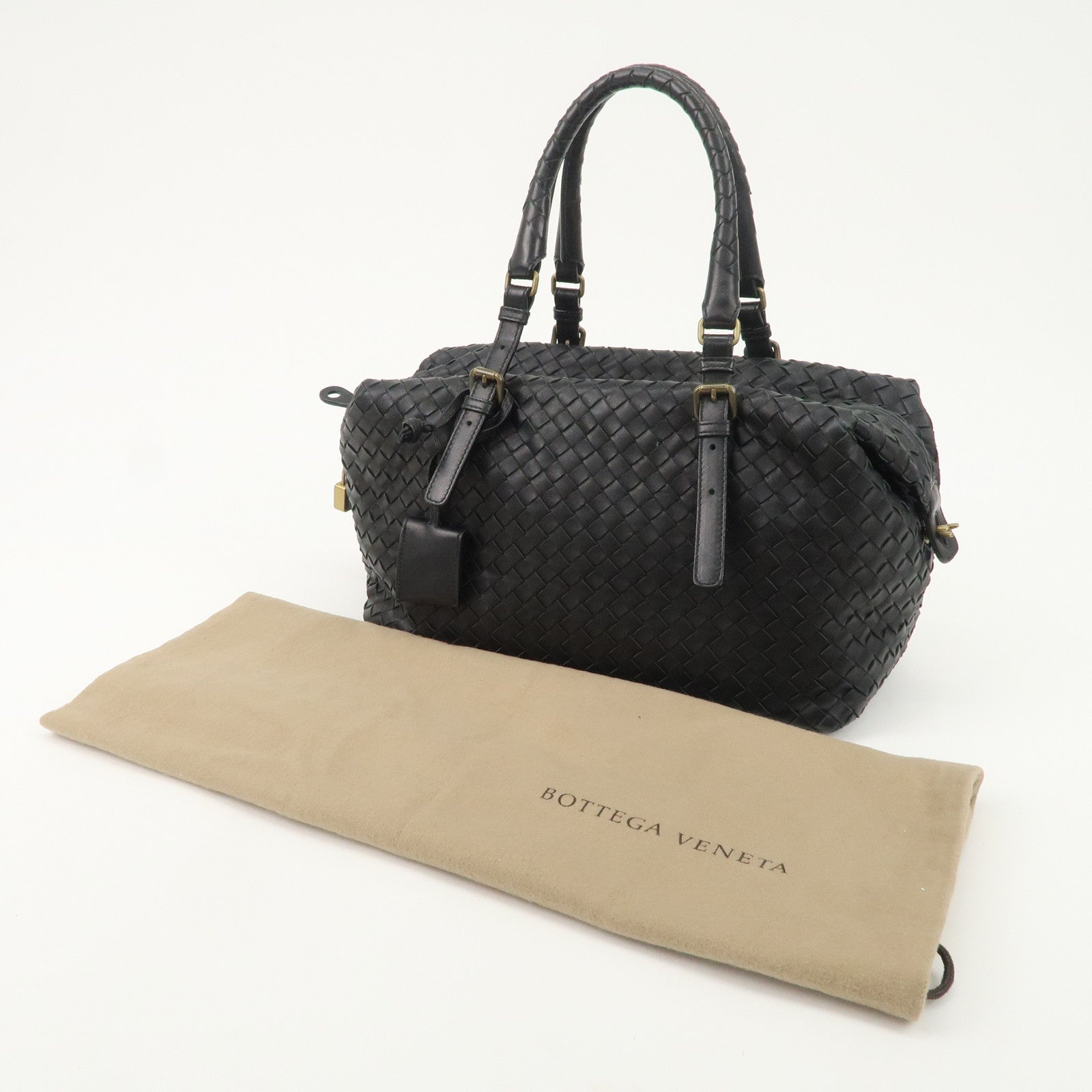 BOTTEGA VENETA Intrecciato Leather Boston Bag Hand Bag Black 173398