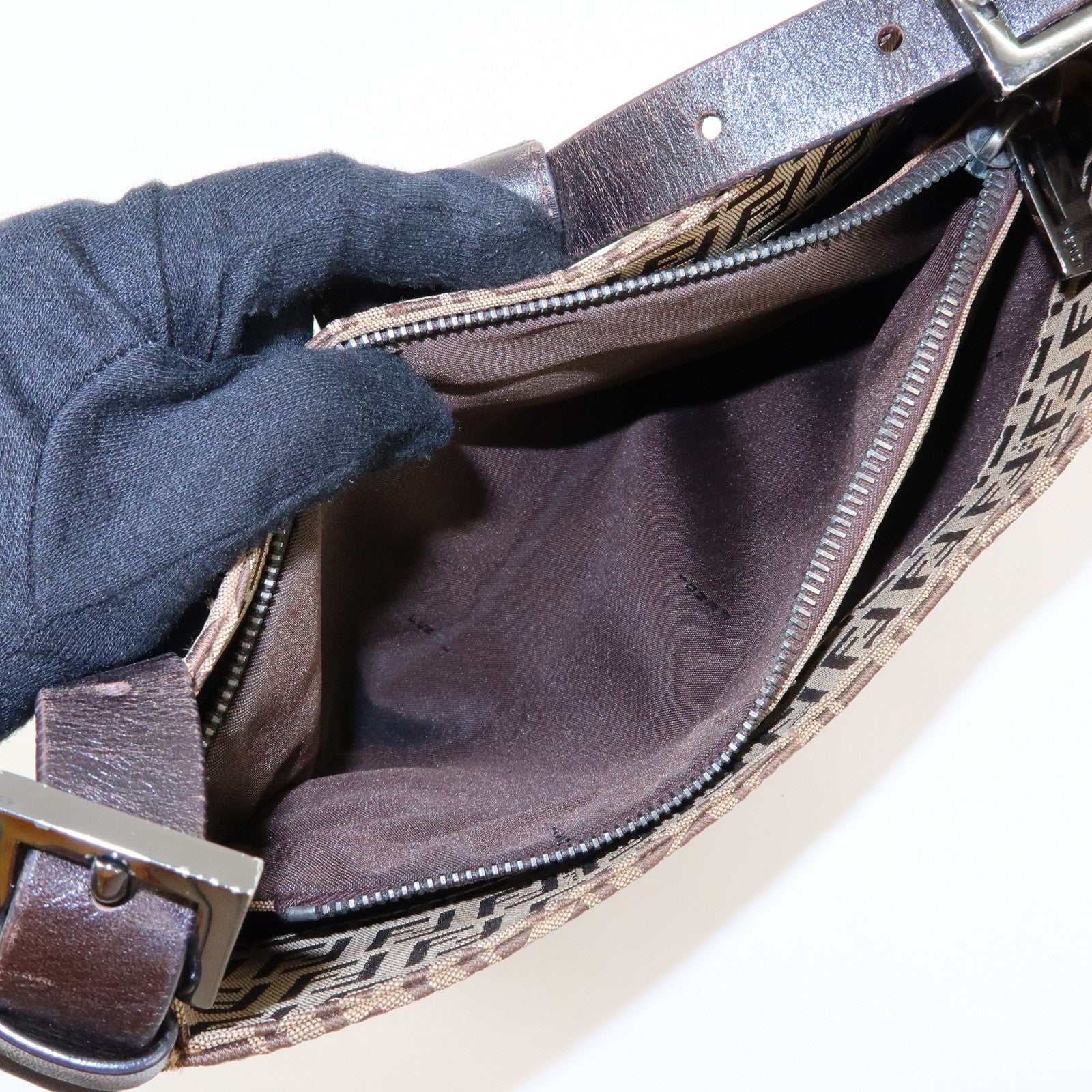 FENDI Zucchino Canvas Leather Shoulder Bag Brown 8BR036