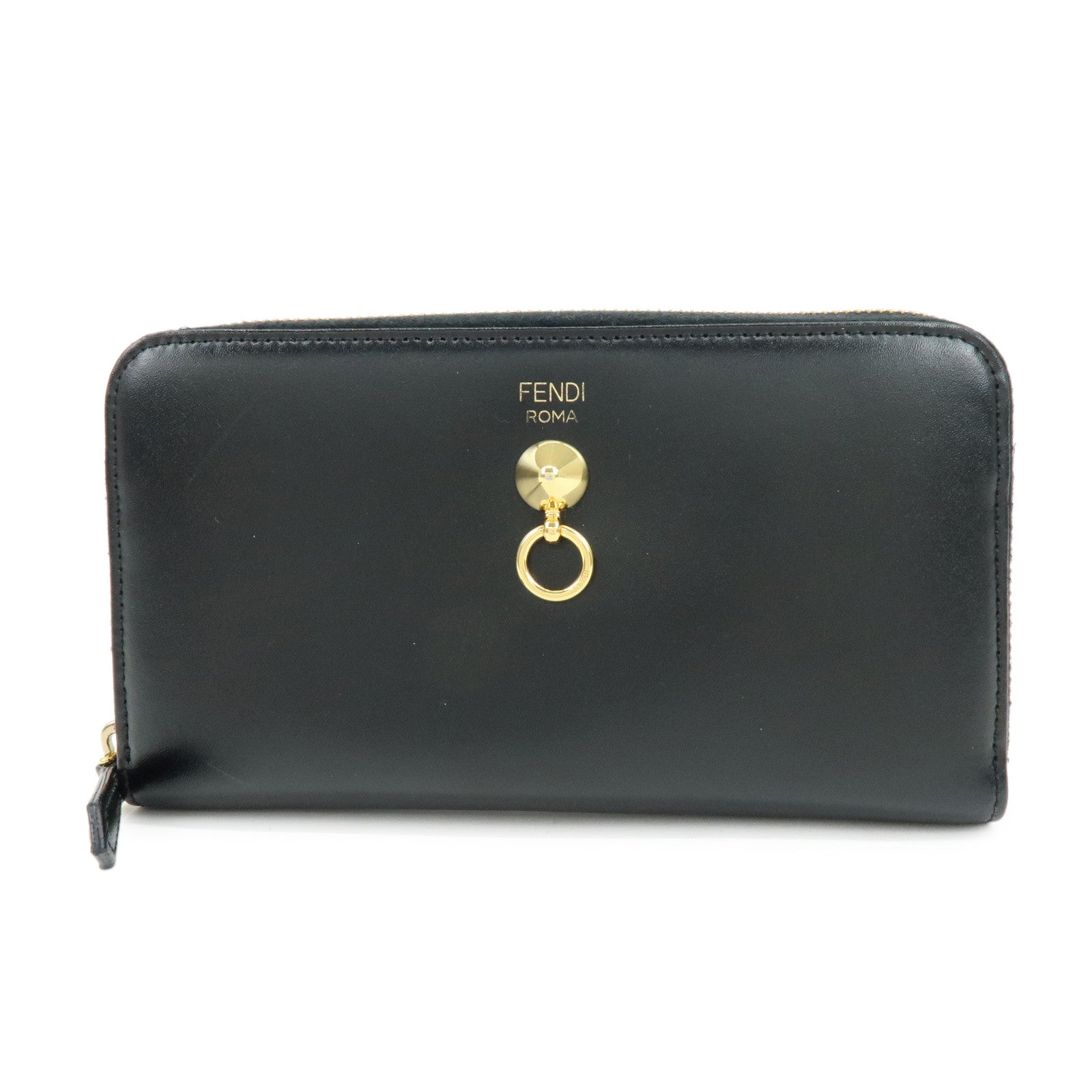 FENDI Leather Round Zippy Long Wallet Black 8M0299