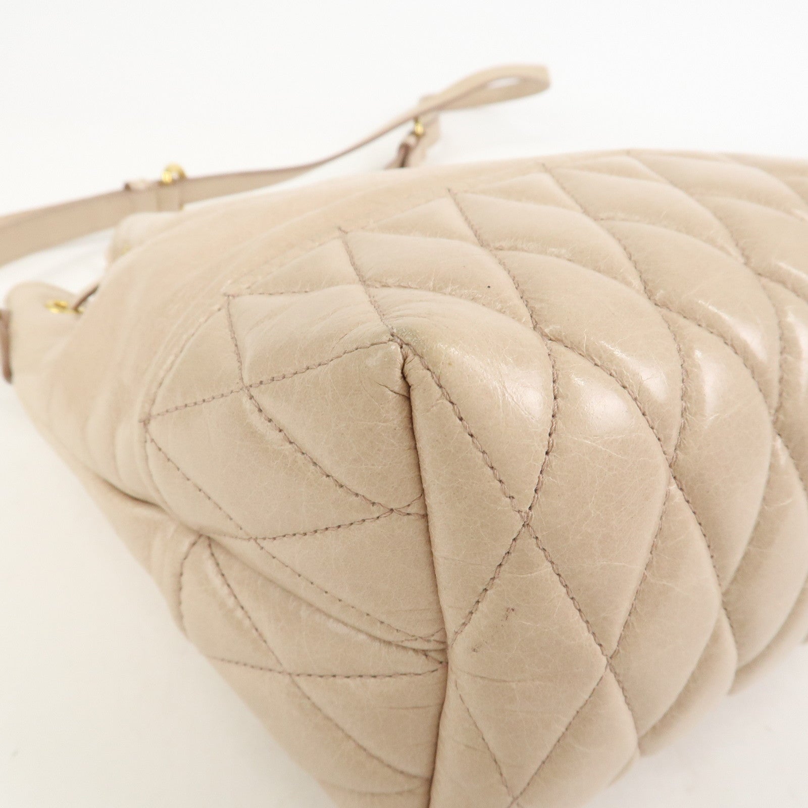 MIU MIU Logo Leather Drawstring Shoulder Bag Crossbody Bag Beige
