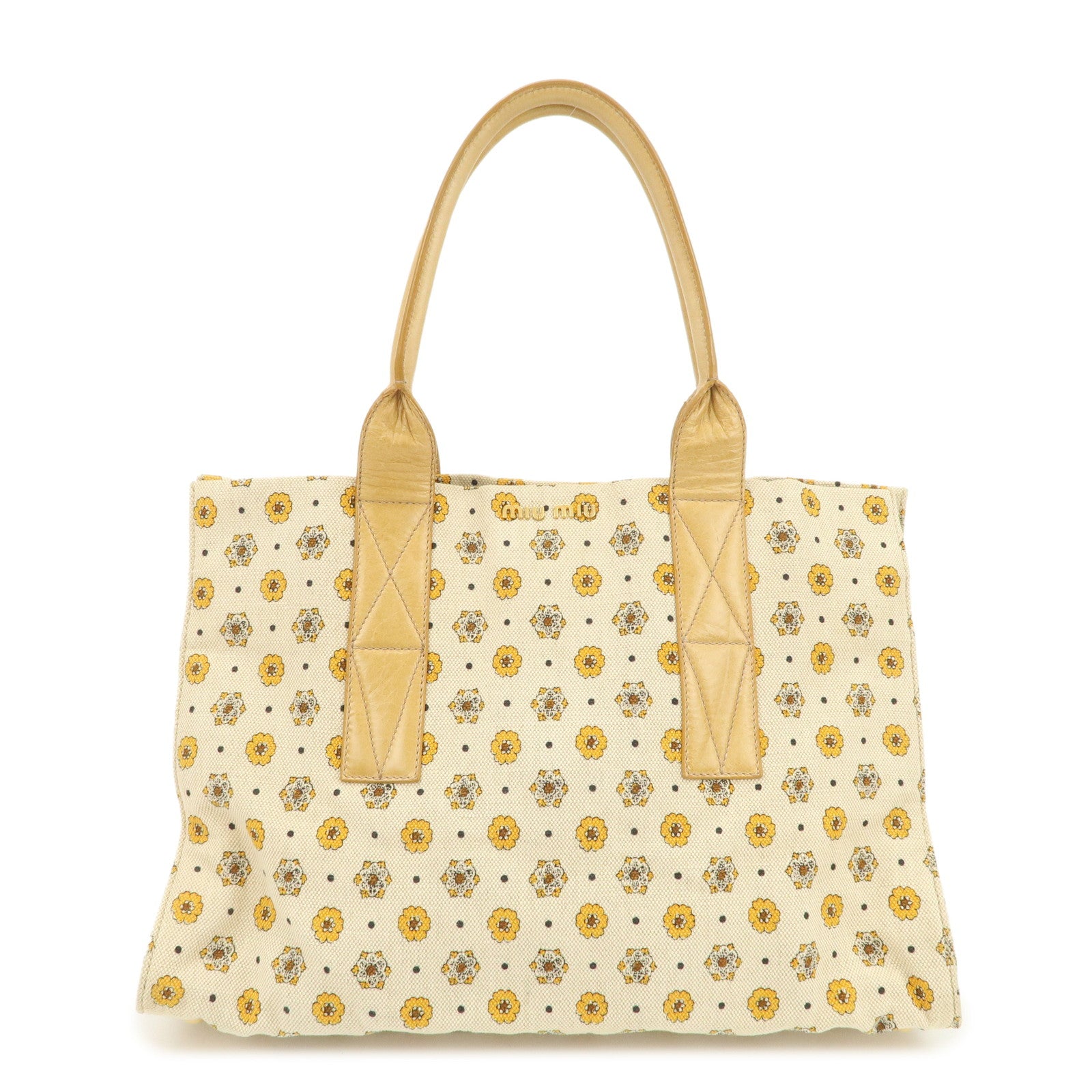 MIU MIU Canvas Leather Tote Bag Hand Bag Flower Motif Beige
