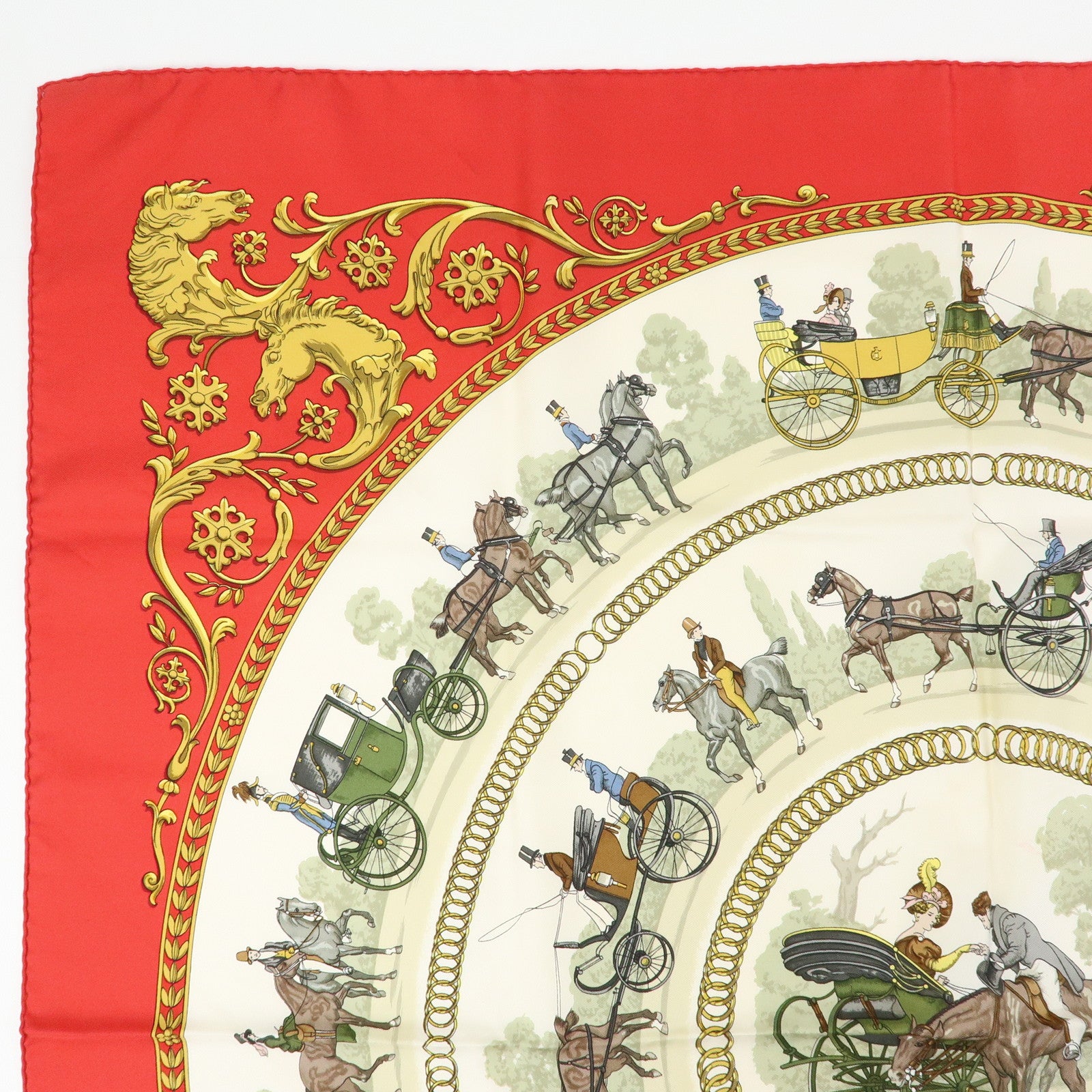 HERMES Carre 90 Set of 2 Silk 100% Scarf Gold Ivory Red