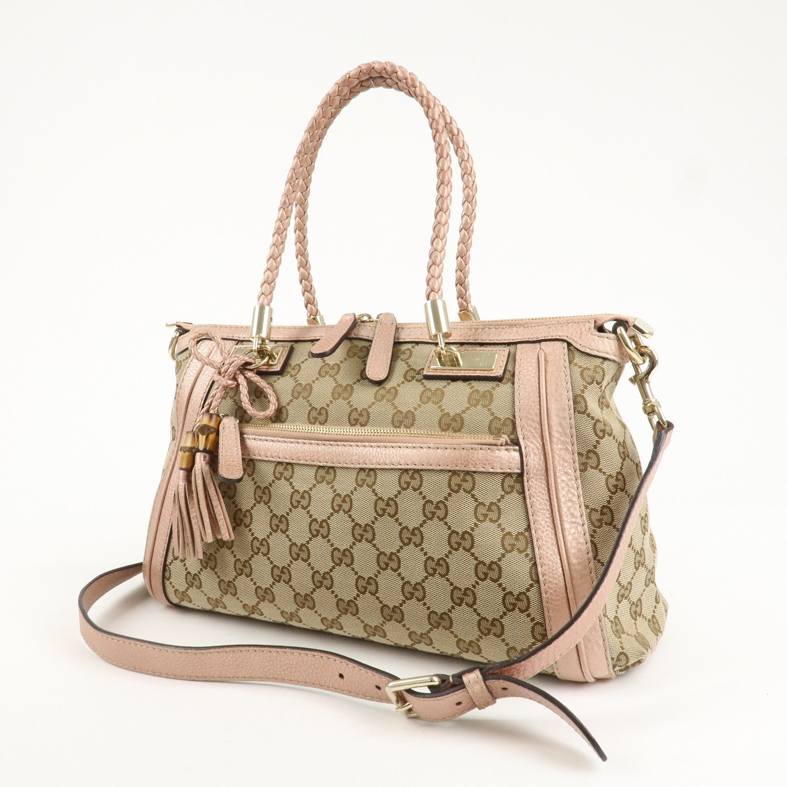 GUCCI Bamboo GG Canvas Leather 2Way Shoulder Bag Beige Pink 282300 Used