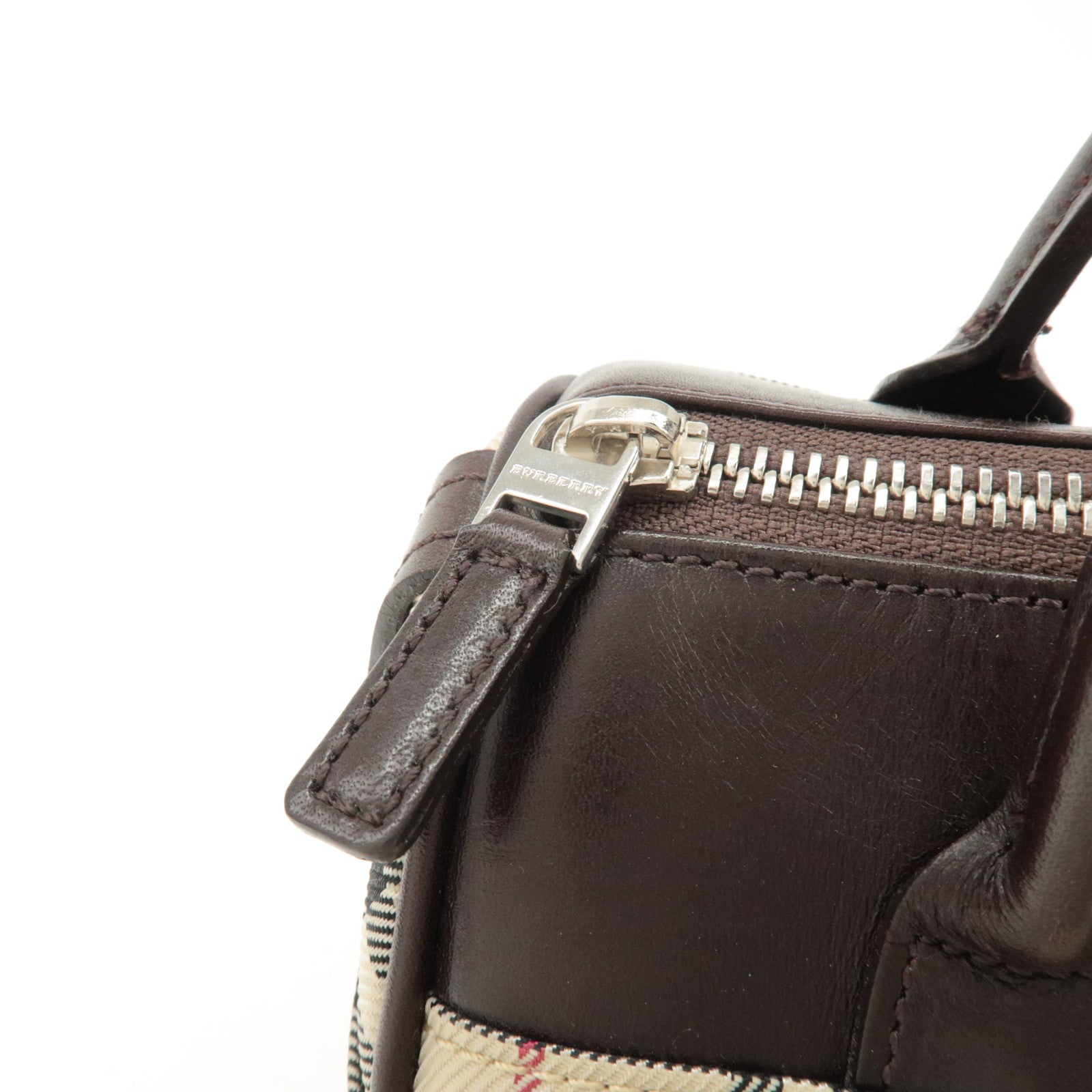 BURBERRY Leather Canvas Hand Bag Nova Plaid Beige Brown Used