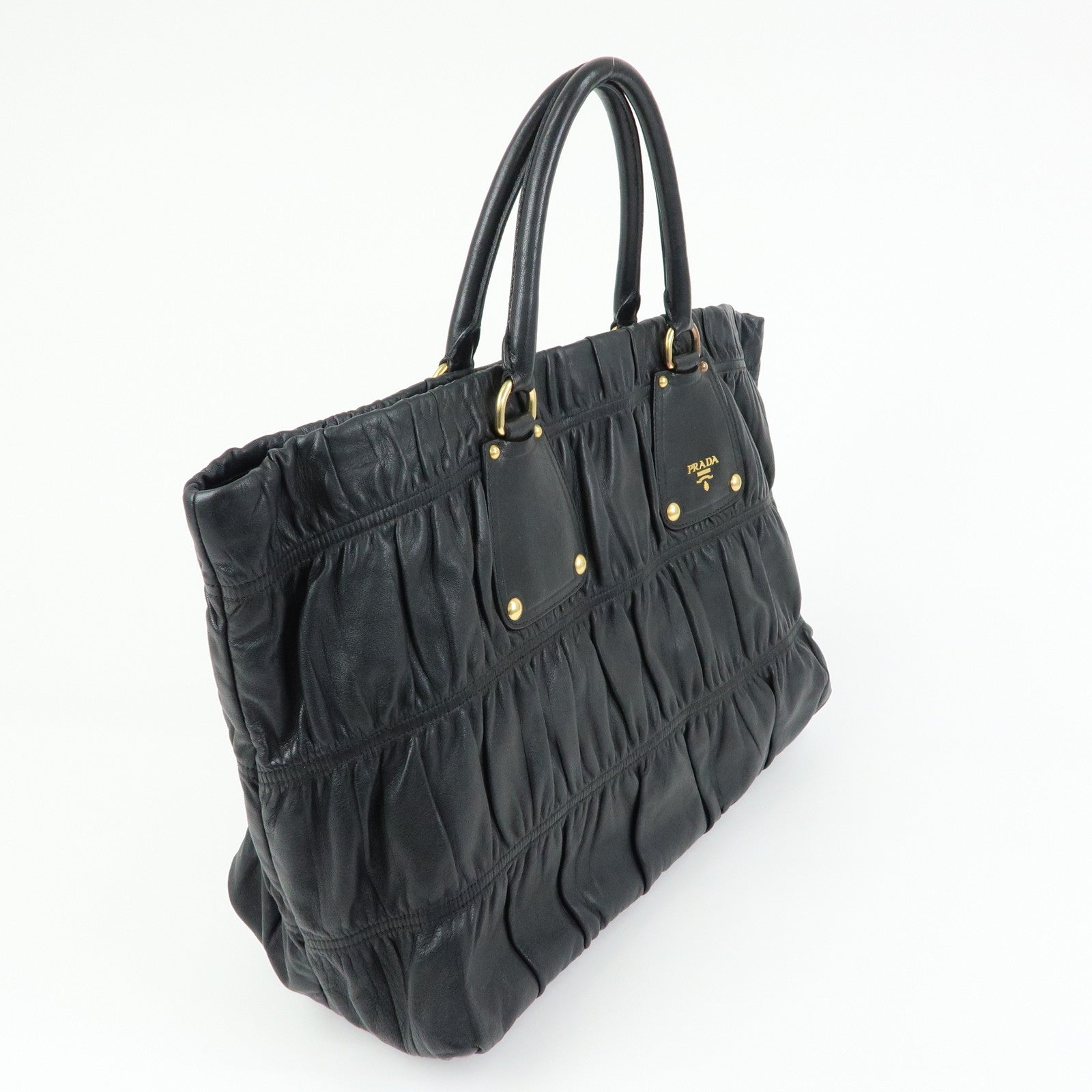 PRADA Logo Leather Gathered Tote Bag Hand Bag Black