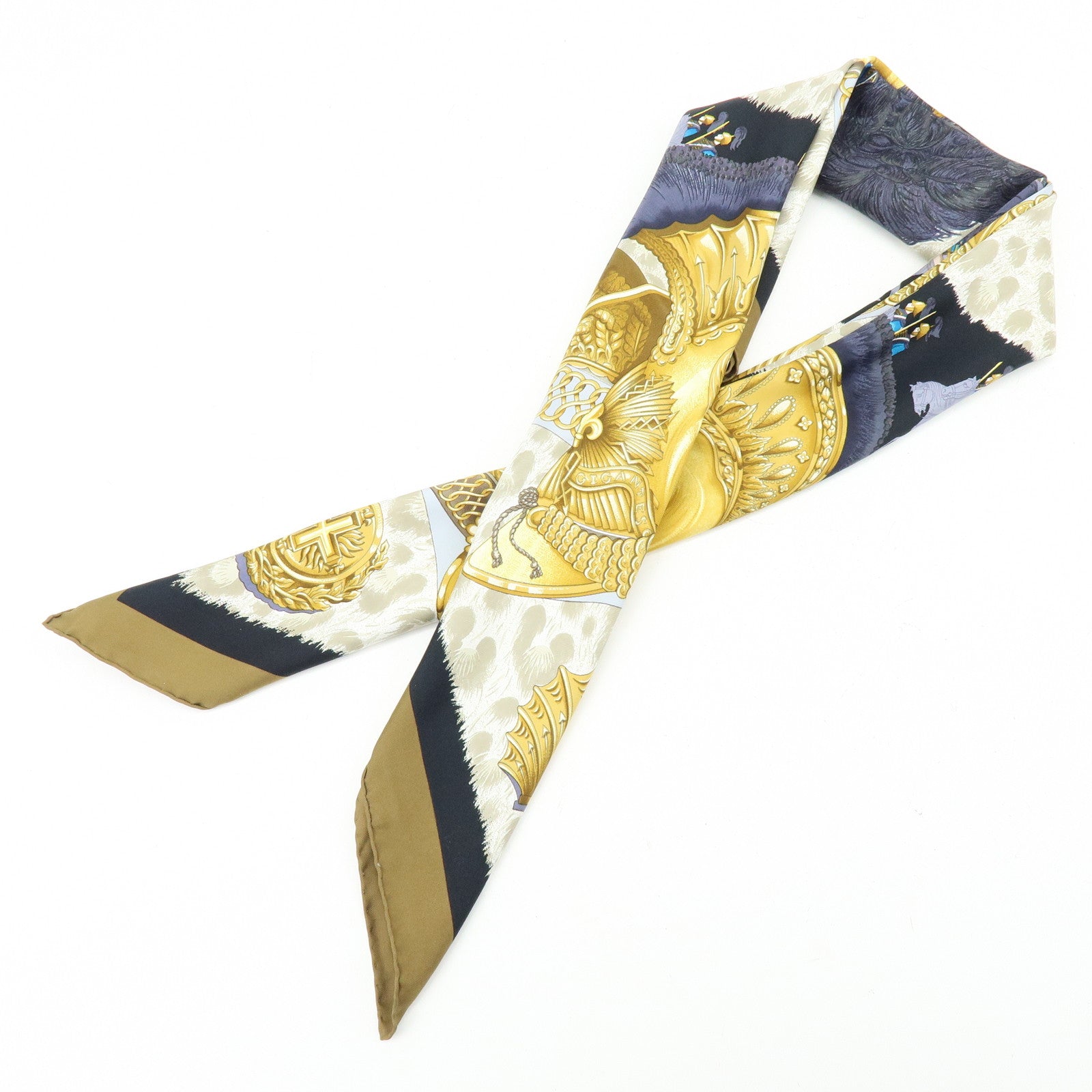 HERMES Carre 90 Silk 100% Scarf CASQUES et PLUMETS Black Brown