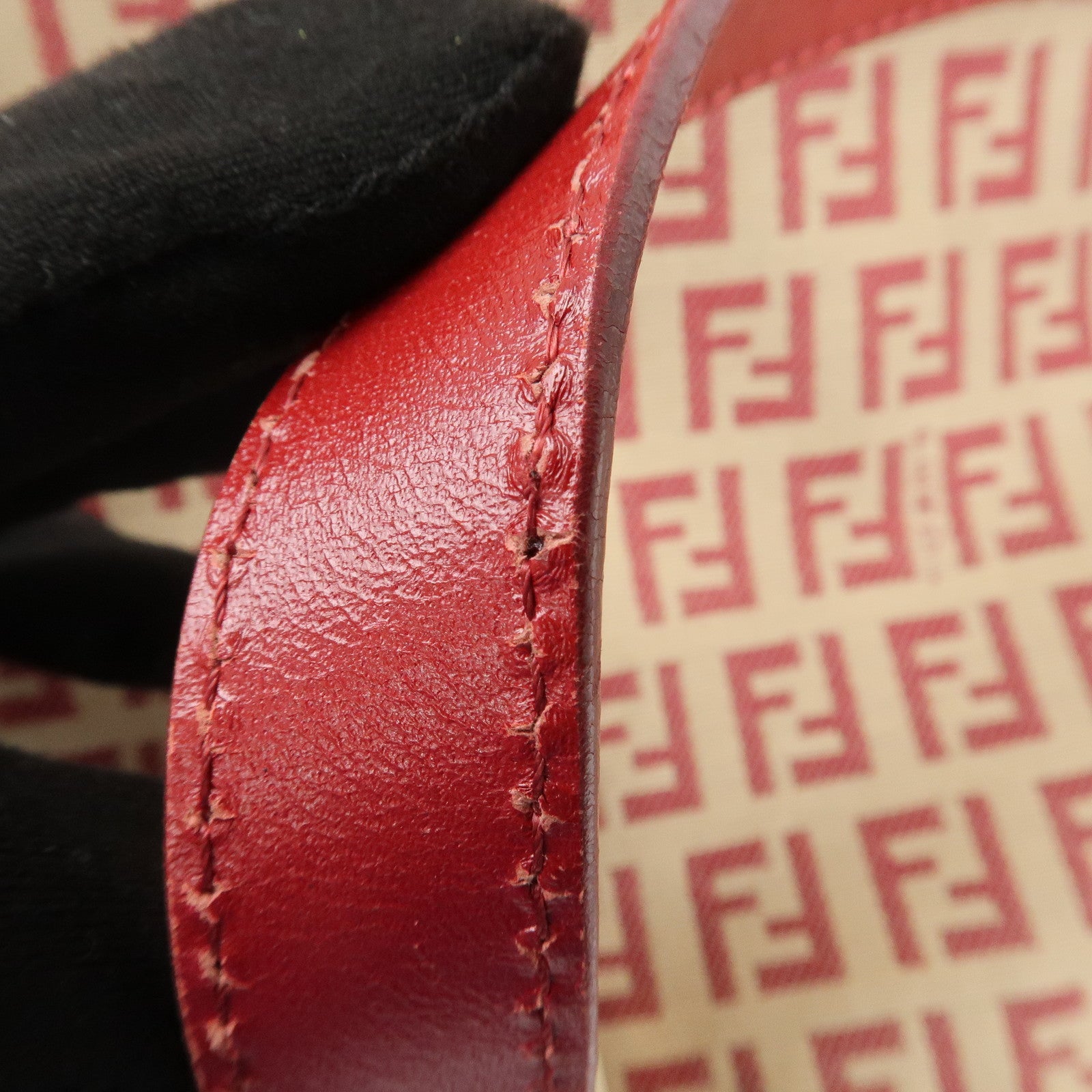 FENDI Zucchino Canvas Leather Hand Bag Beige Red 8BH134 Used