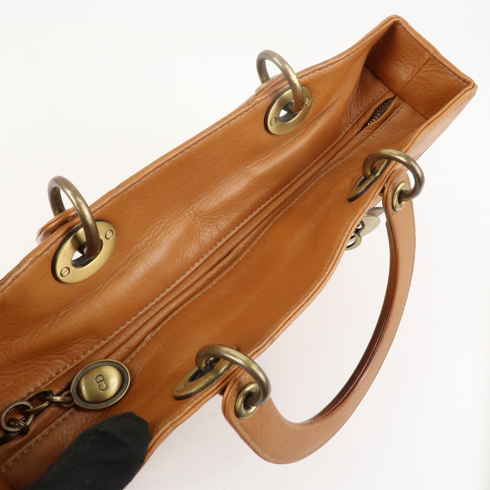 Christian Dior Lady Dior Leather Tote Bag Hand Bag Brown Gold