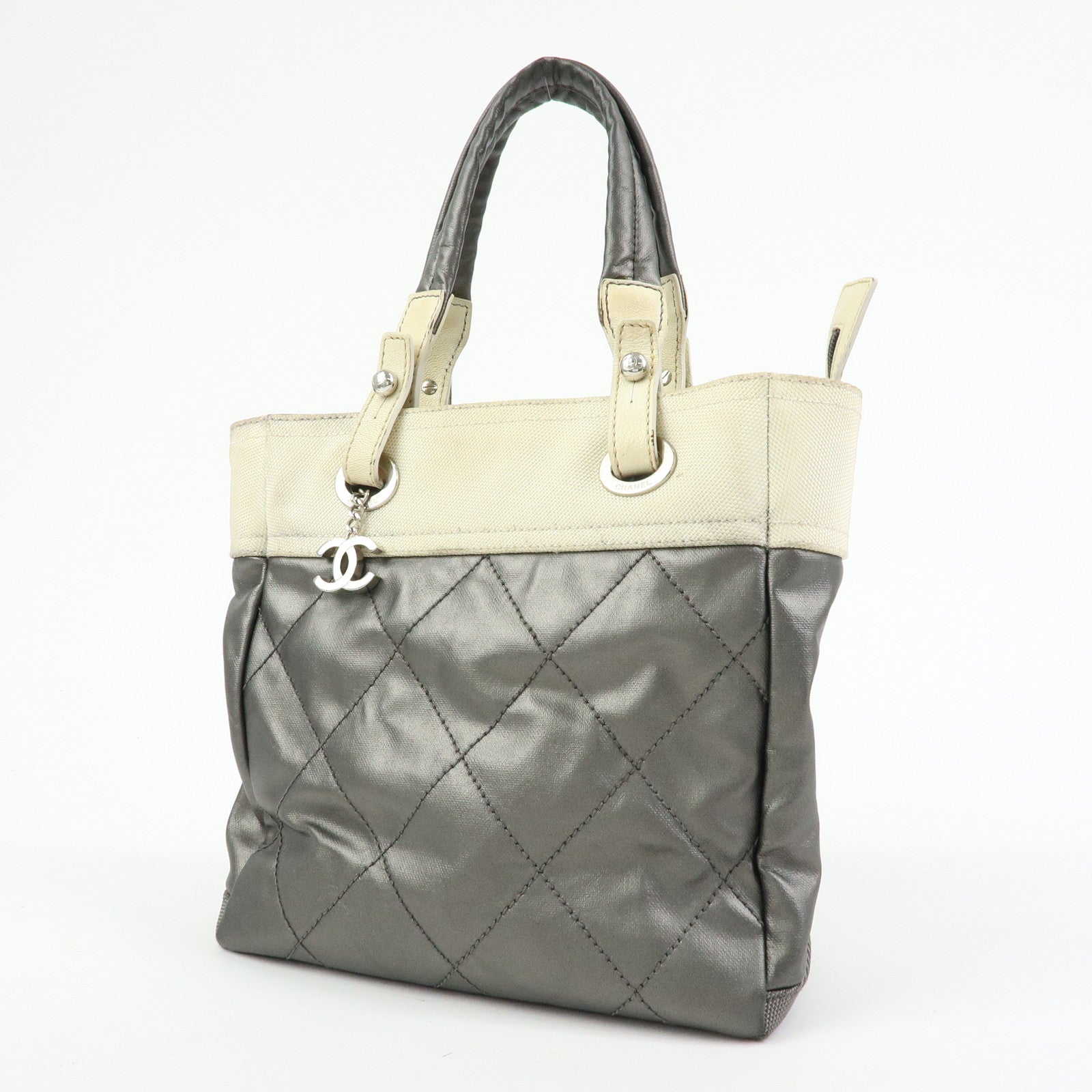 CHANEL Paris Biarritz PM Coated Canvas Leather Tote Bag Gray A34208