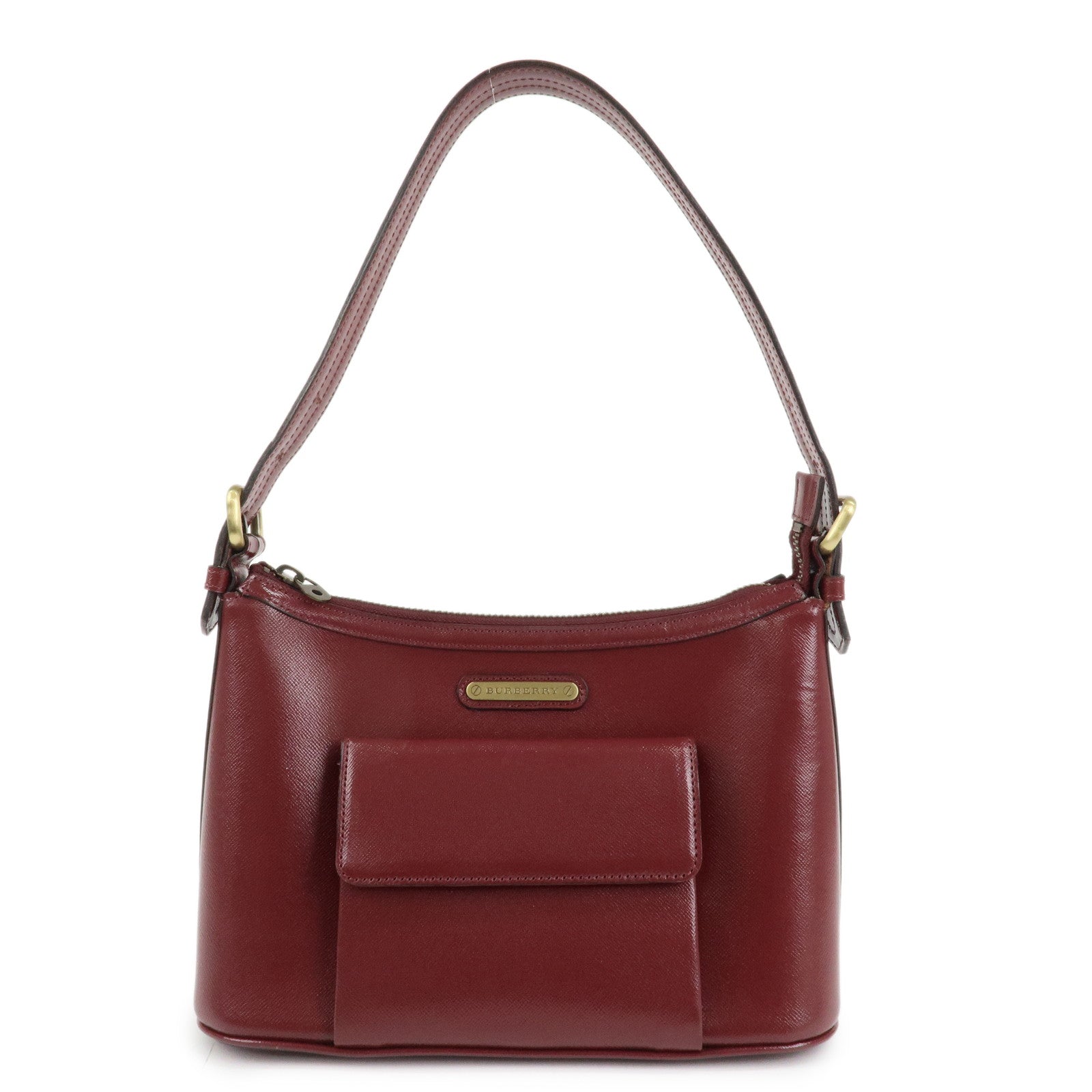 BURBERRY Logo Leather Shoulder Bag Hand Bag Bordeaux Gold Hardware Used