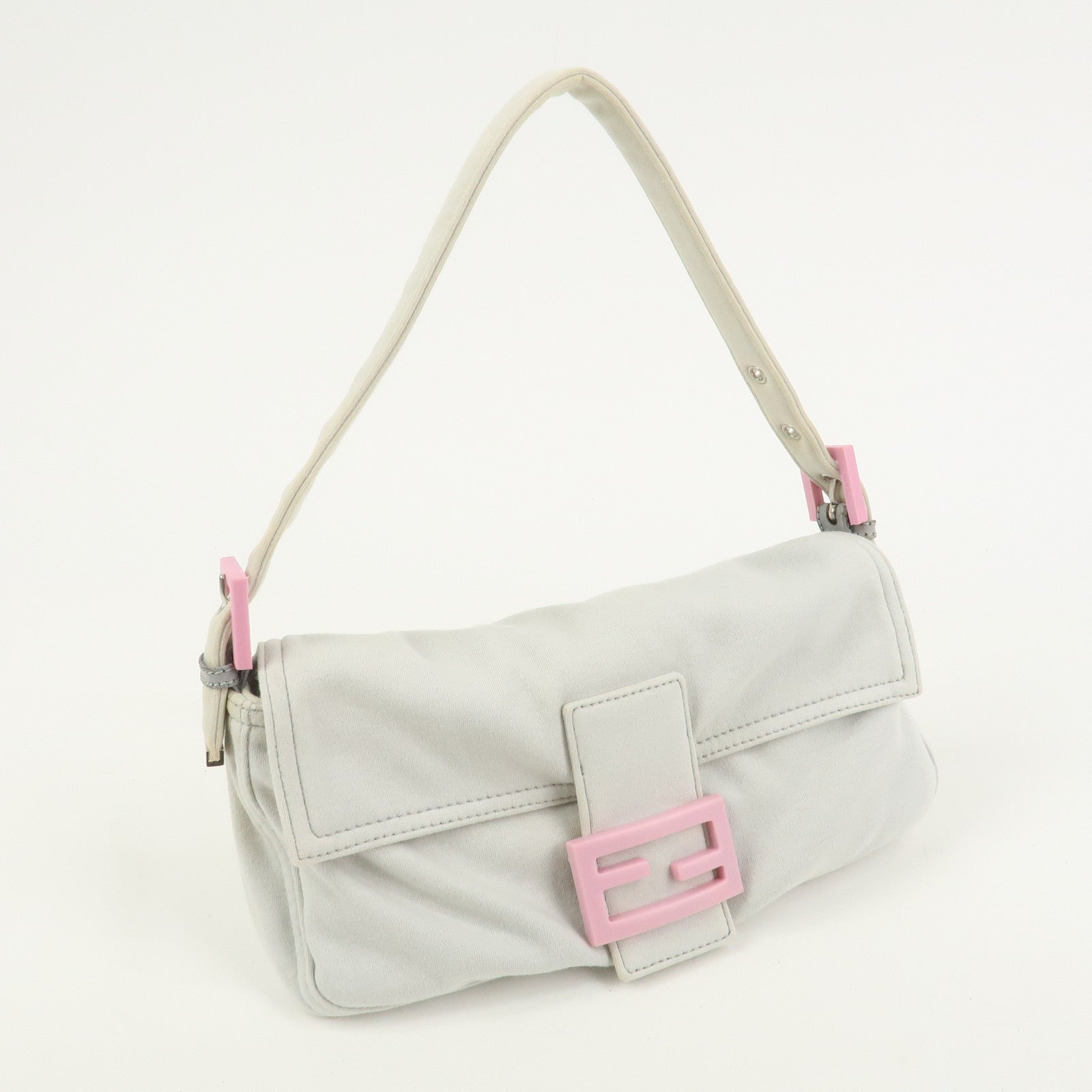 FENDI Mamma Baguette Cotton Shoulder Bag Hand Bag Gray Pink