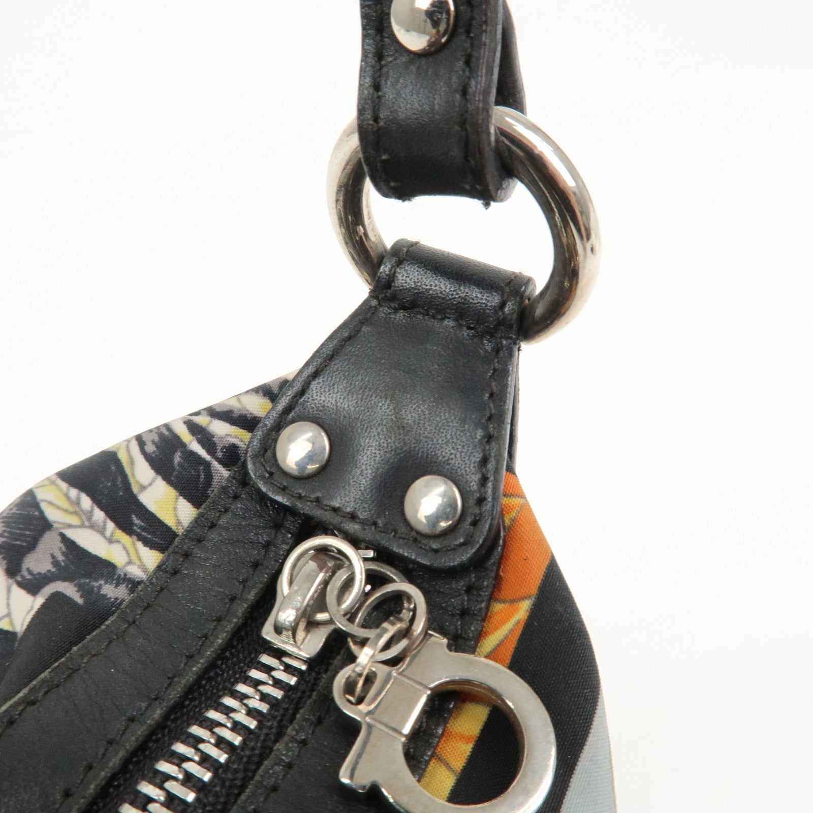 Ferragamo Nylon Leather Mini Hand Bag Shoulder Bag Animal Black