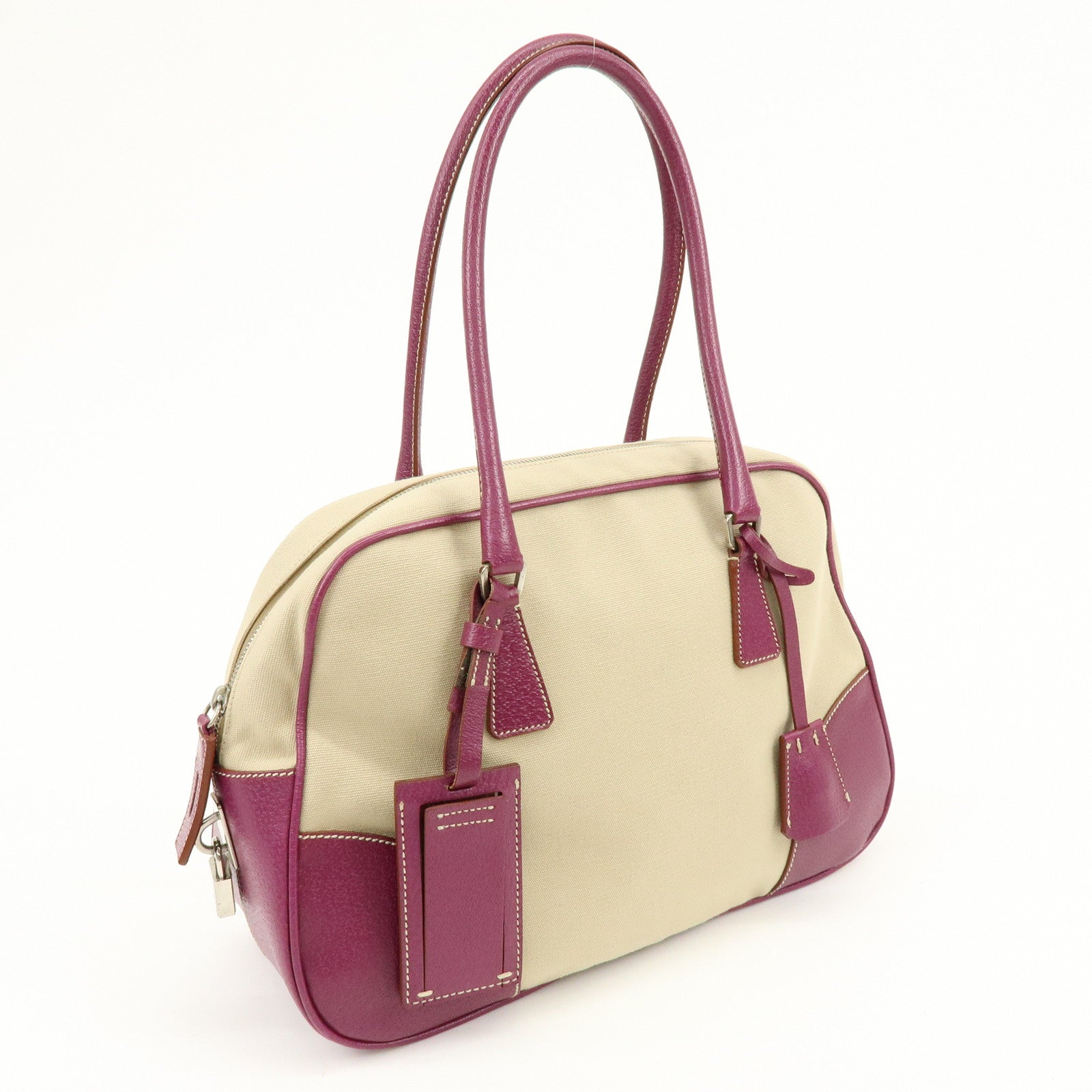 PRADA Triangle Logo Canvas Leather Bowling Bag Natural Purple